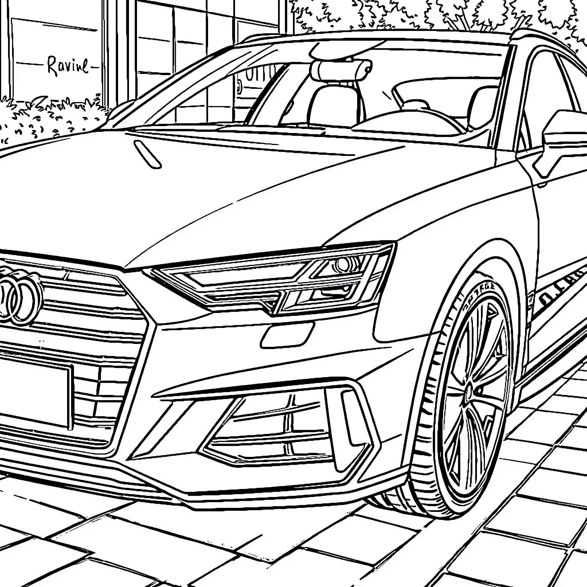 Automobile in front of modern building Coloring Page (free black-and-white line drawing printable PDF for all, from beginners to advanced learners, including children, teens, adults, and seniors)