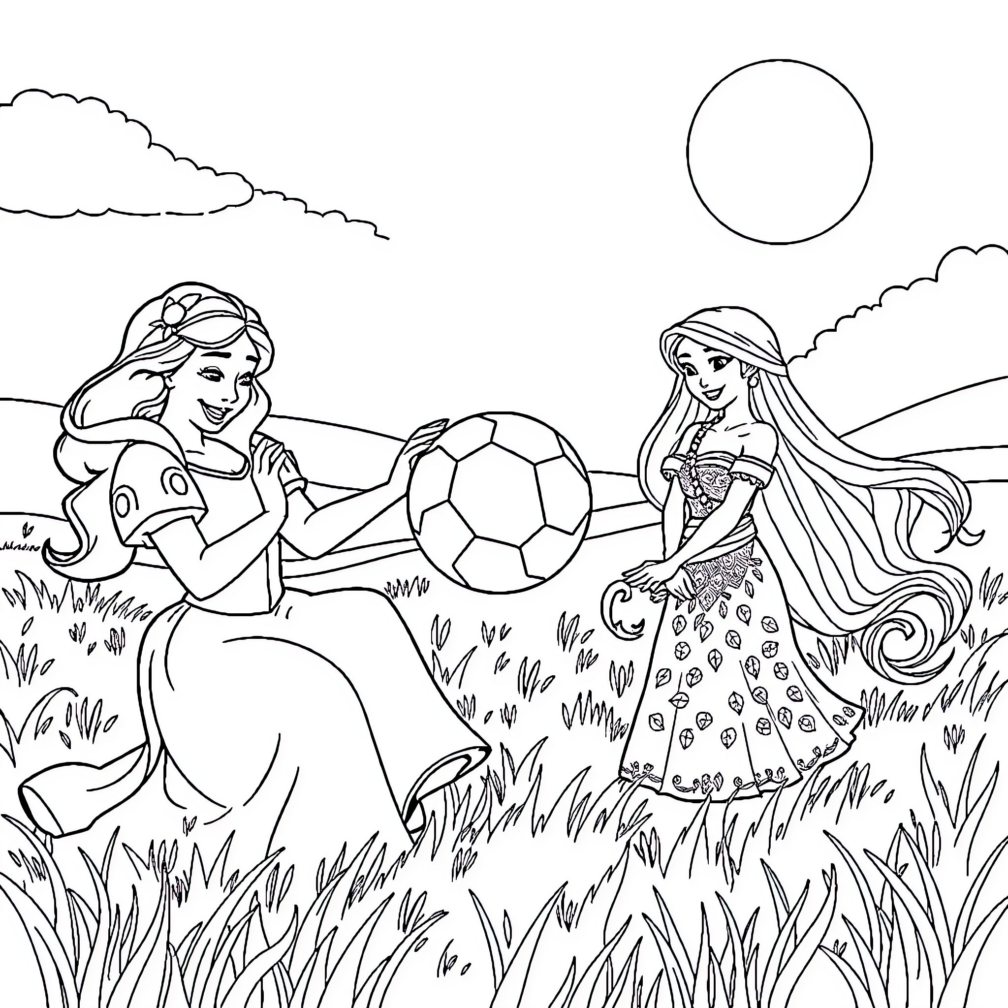 Snow White and the Princess Playing with a Soccer Ball Coloring Page (free black-and-white line drawing printable PDF for all, from beginners to advanced learners, including children, teens, adults, and seniors)