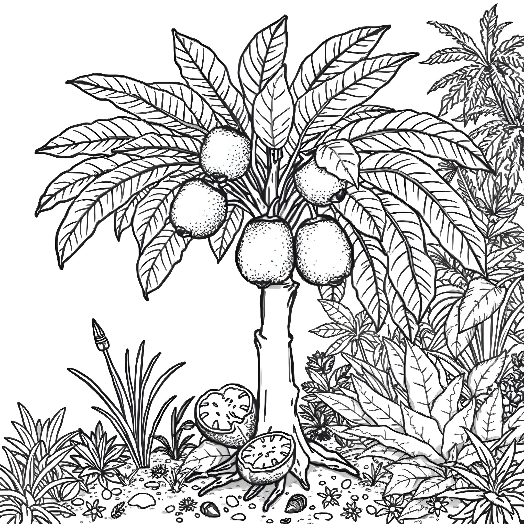 Breadfruit with tropical foliage and fruit Coloring Page (free black-and-white line drawing printable PDF for all, from beginners to advanced learners, including children, teens, adults, and seniors)