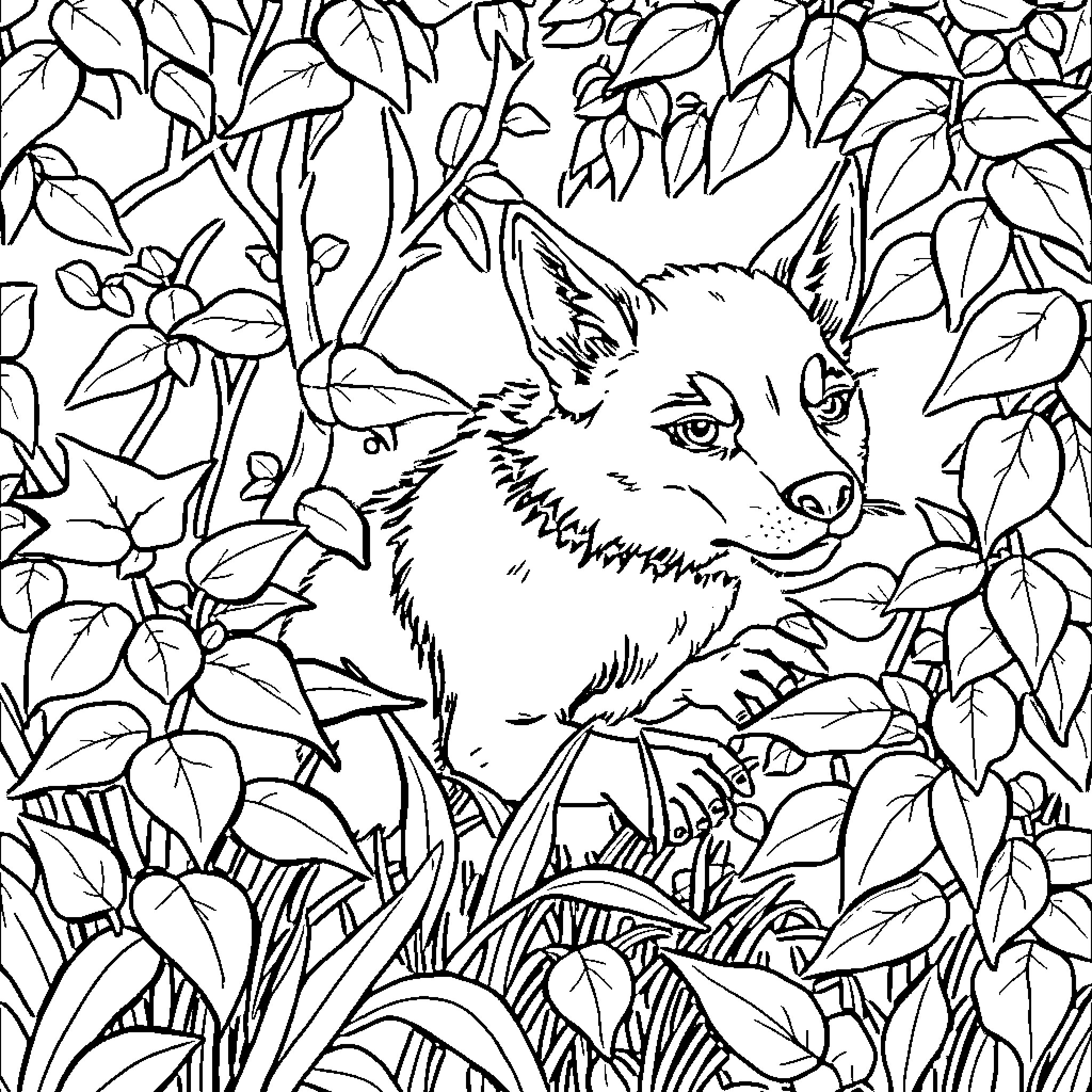 Dog exploring a lush foliage landscape Coloring Page (free black-and-white line drawing printable PDF for all, from beginners to advanced learners, including children, teens, adults, and seniors)