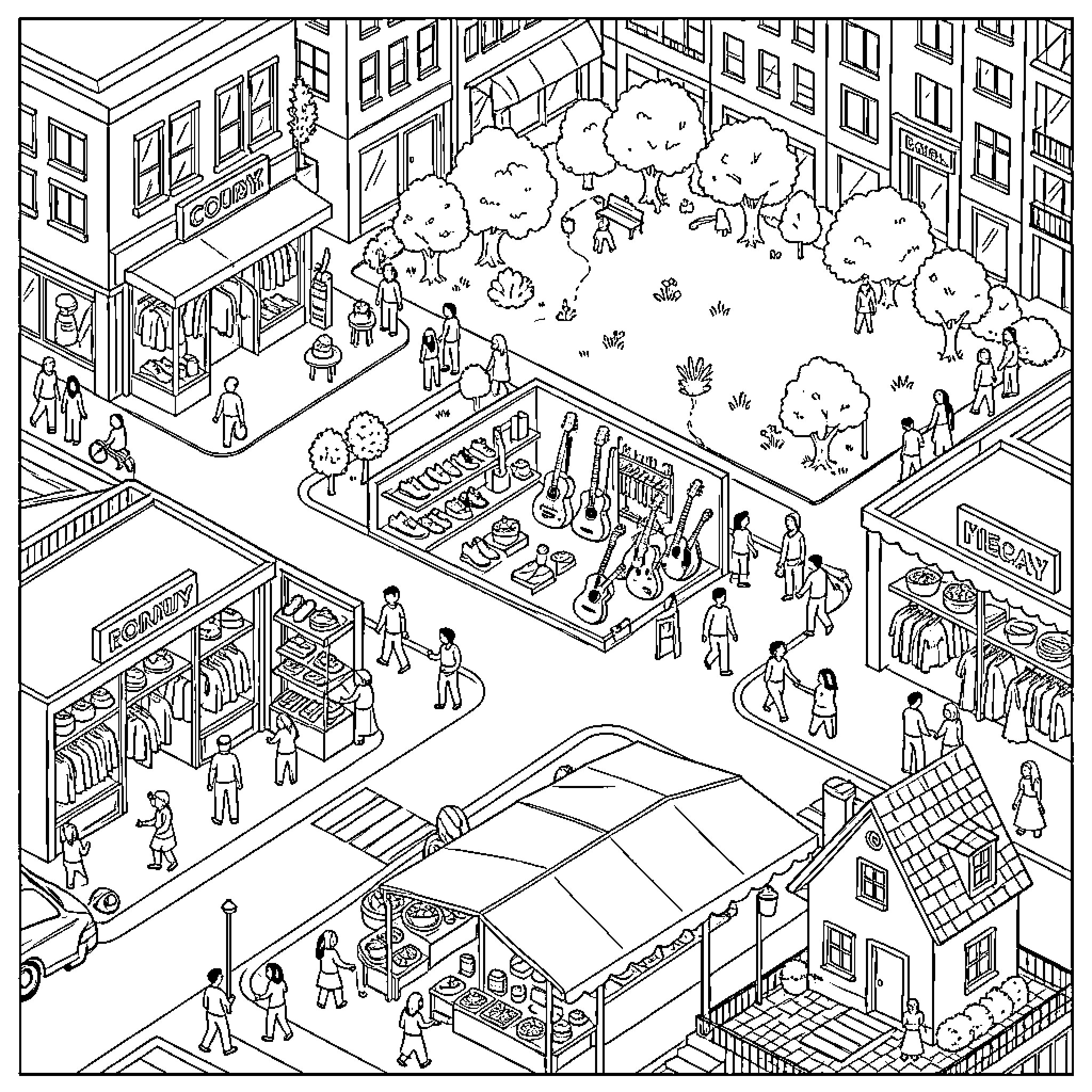 Map of a bustling town market with various shops and people Coloring Page (free black-and-white line drawing printable PDF for all, from beginners to advanced learners, including children, teens, adults, and seniors)