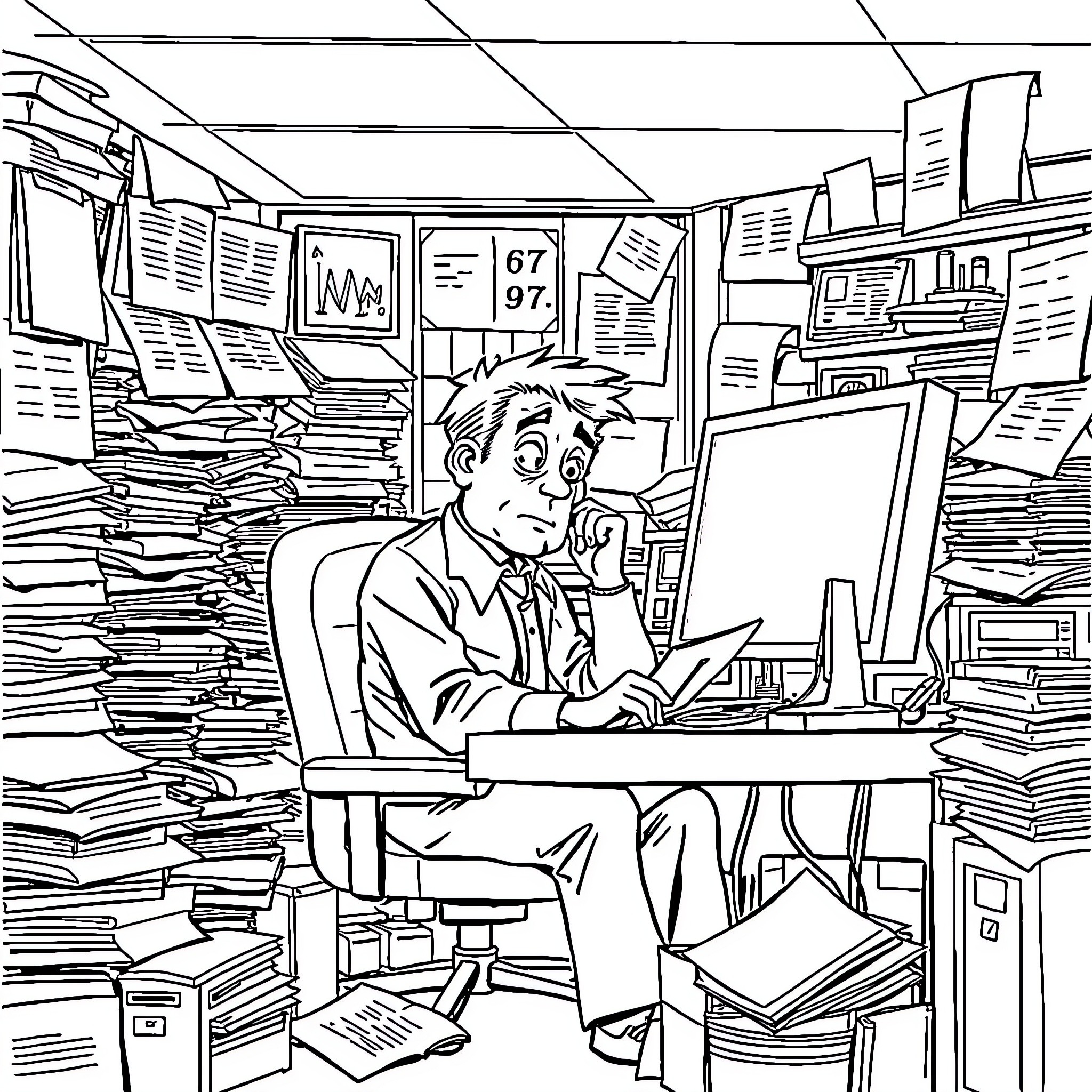Insurance Agent Diligently Working in Cluttered Office Coloring Page (free black-and-white line drawing printable PDF for all, from beginners to advanced learners, including children, teens, adults, and seniors)