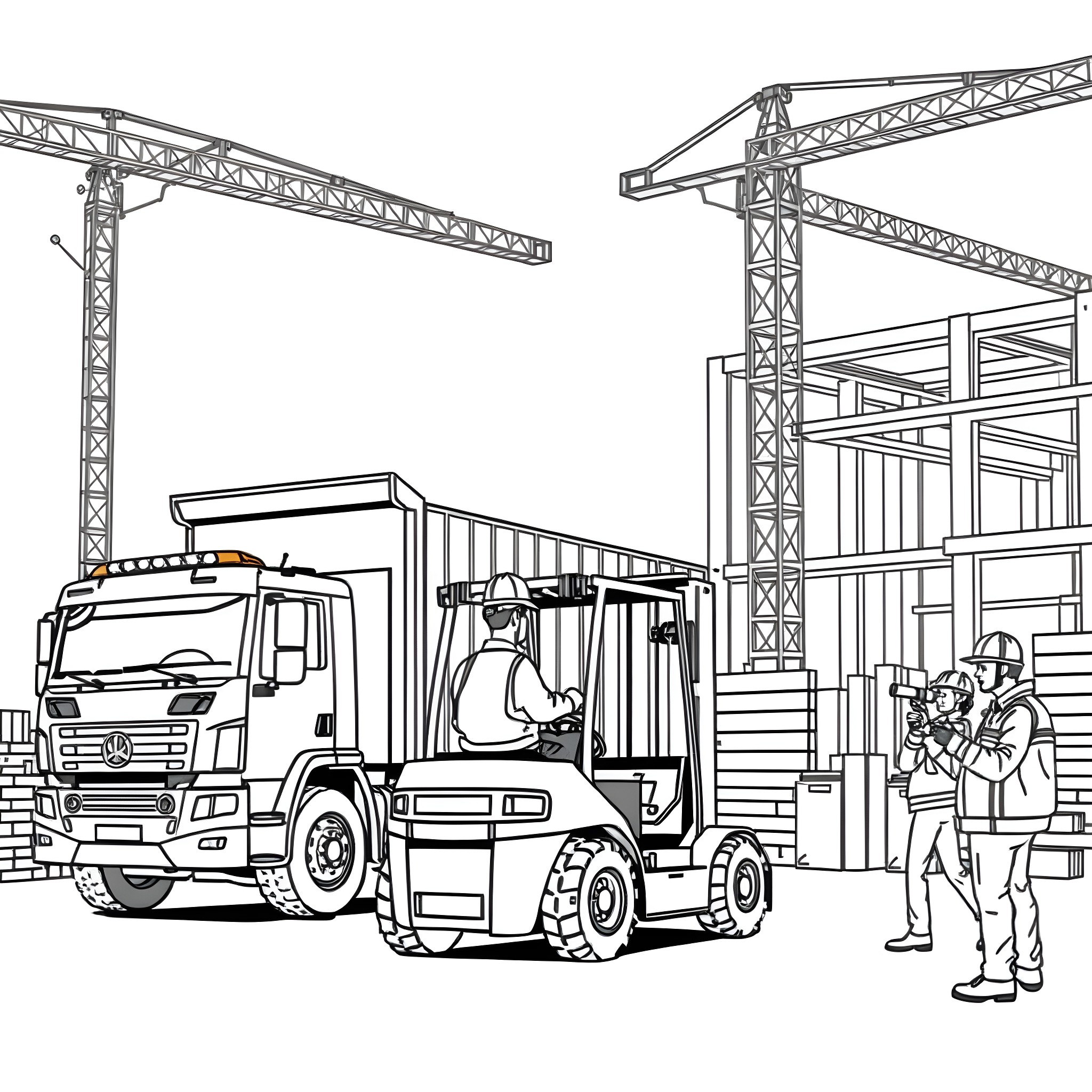 Truck construction site with cranes and workers Coloring Page (free black-and-white line drawing printable PDF for all, from beginners to advanced learners, including children, teens, adults, and seniors)