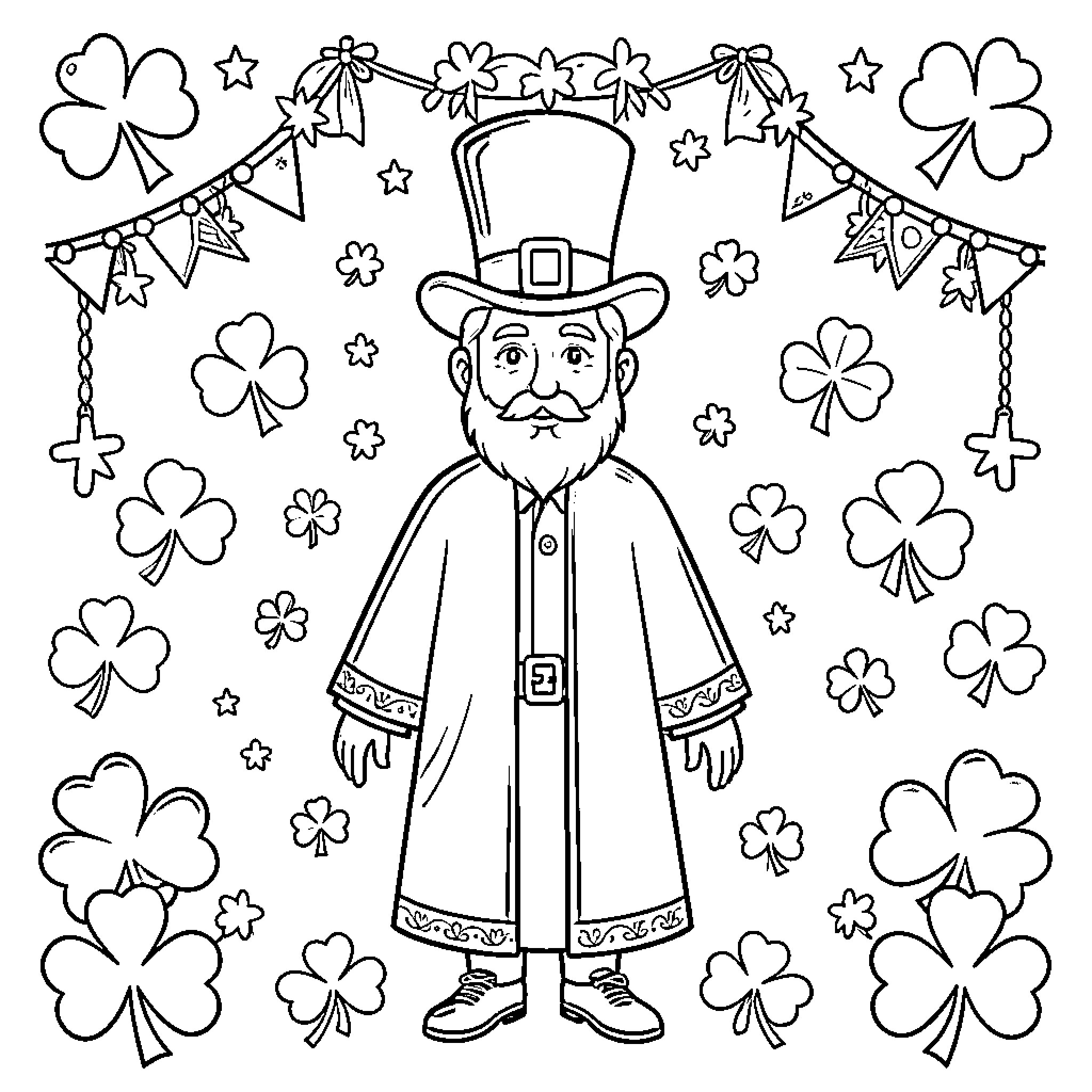 St. Patrick's Day Celebration with Festive Decorations Coloring Page (free black-and-white line drawing printable PDF for all, from beginners to advanced learners, including children, teens, adults, and seniors)