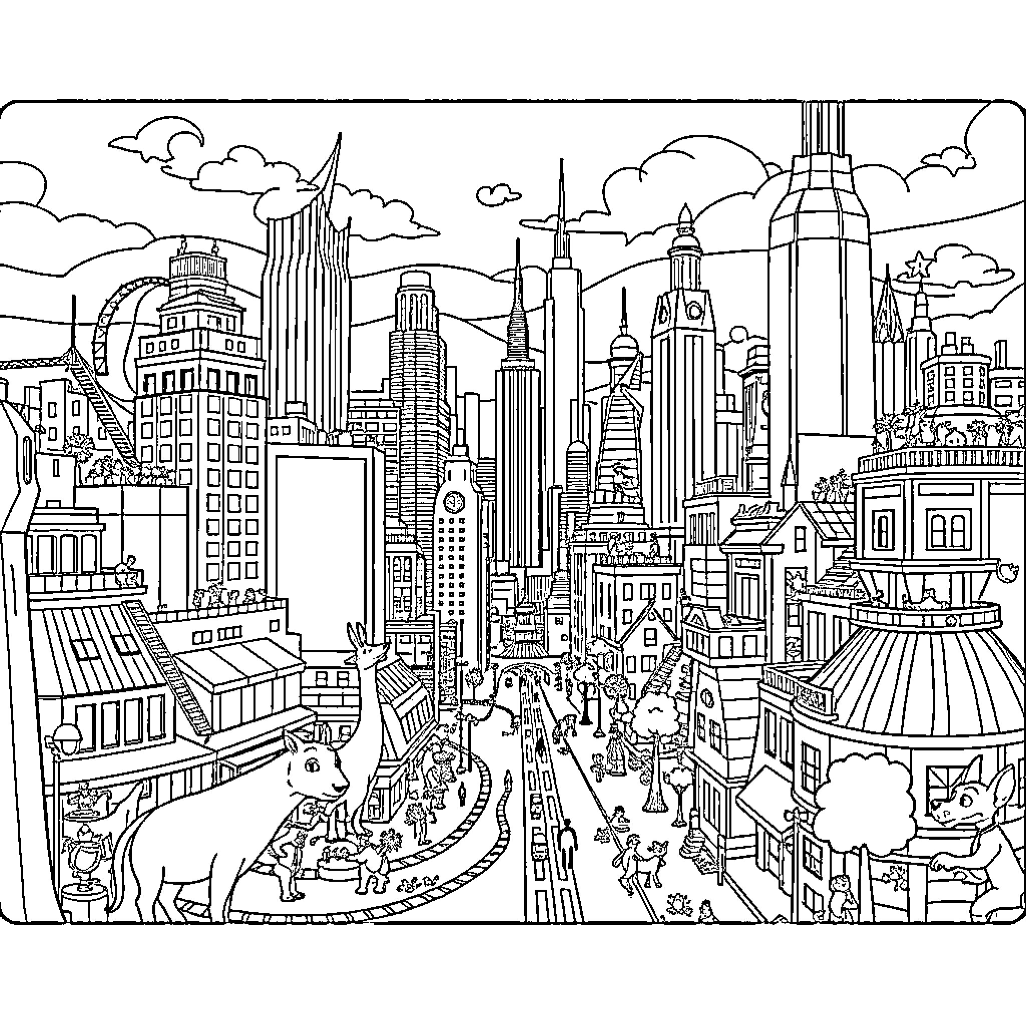 Zootopia - Bustling cityscape with diverse animal characters Coloring Page (free black-and-white line drawing printable PDF for all, from beginners to advanced learners, including children, teens, adults, and seniors)