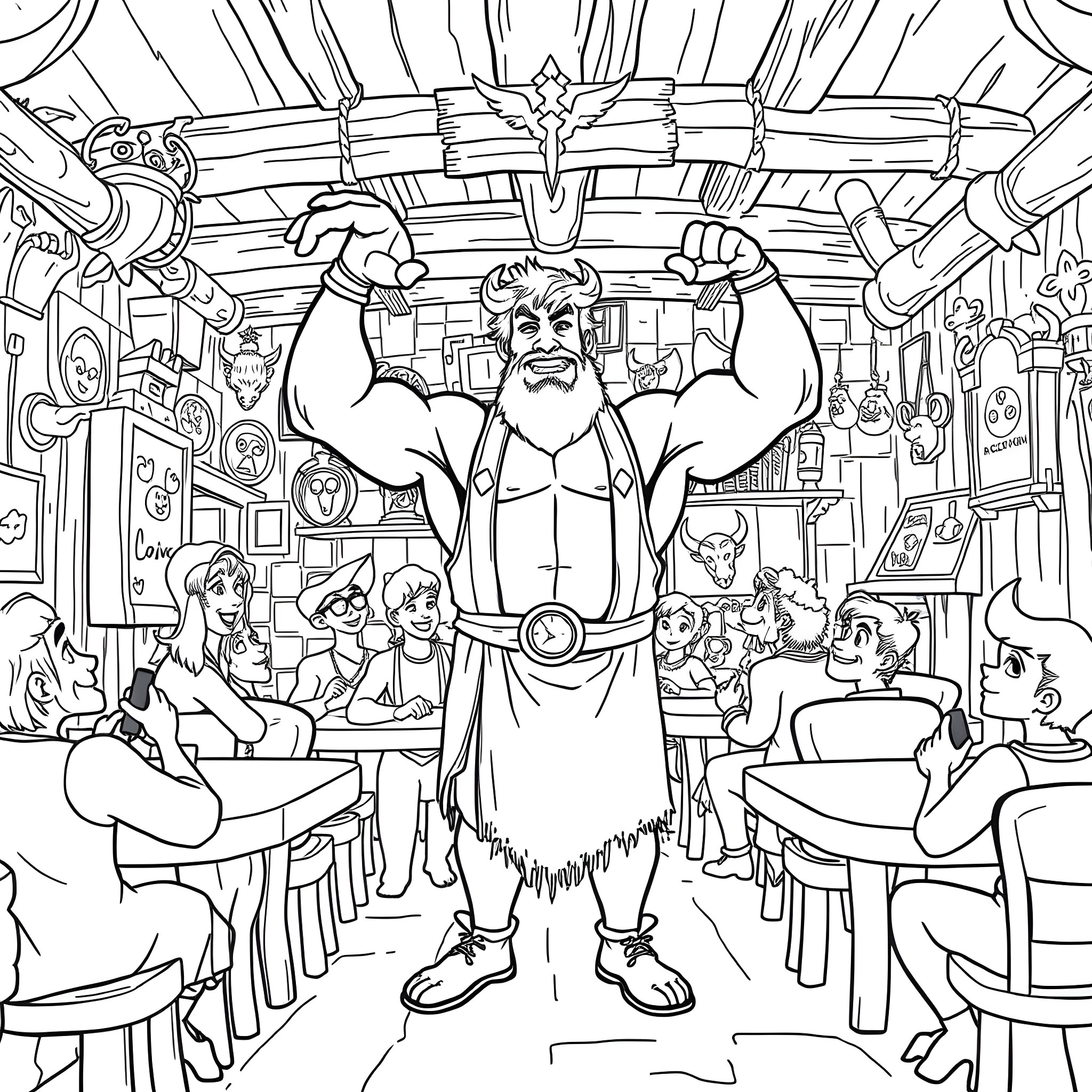 Gastón showcasing his strength in a lively tavern scene Coloring Page (free black-and-white line drawing printable PDF for all, from beginners to advanced learners, including children, teens, adults, and seniors)