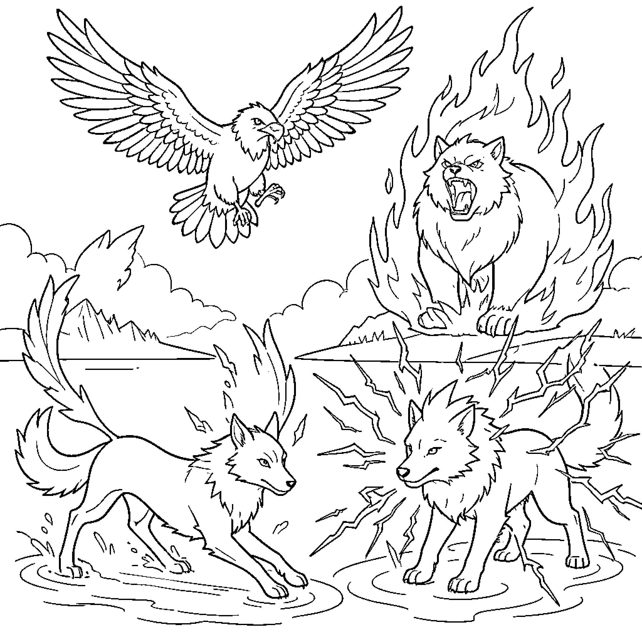 Legendary Pokemon in a Fiery Landscape Coloring Page (free black-and-white line drawing printable PDF for all, from beginners to advanced learners, including children, teens, adults, and seniors)