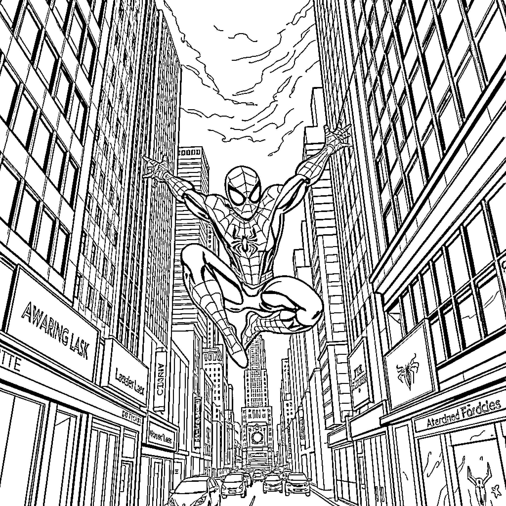 Spiderman leaping through a busy city street canyon Coloring Page (free black-and-white line drawing printable PDF for all, from beginners to advanced learners, including children, teens, adults, and seniors)