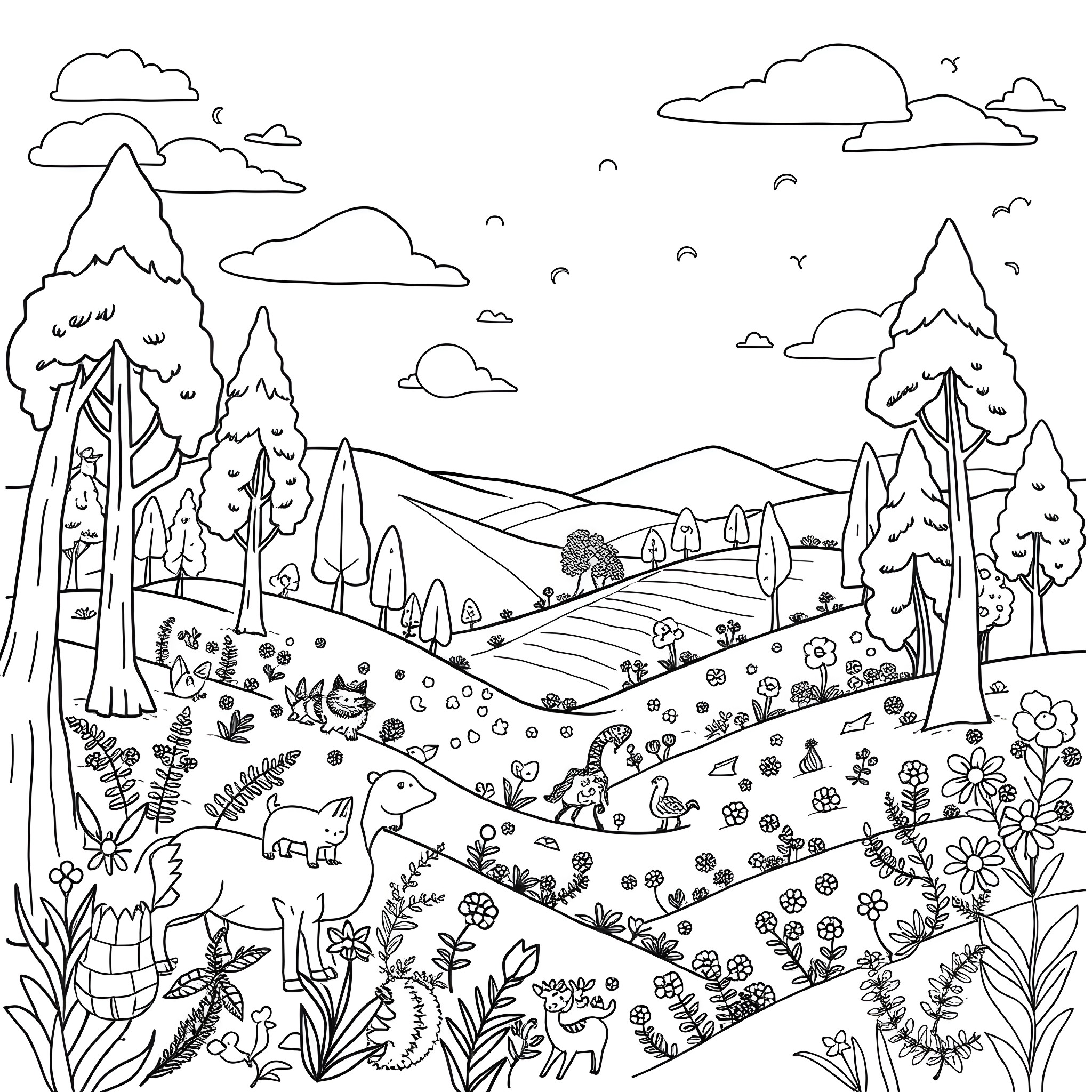 World of Nature's Harmony Coloring Page (free black-and-white line drawing printable PDF for all, from beginners to advanced learners, including children, teens, adults, and seniors)