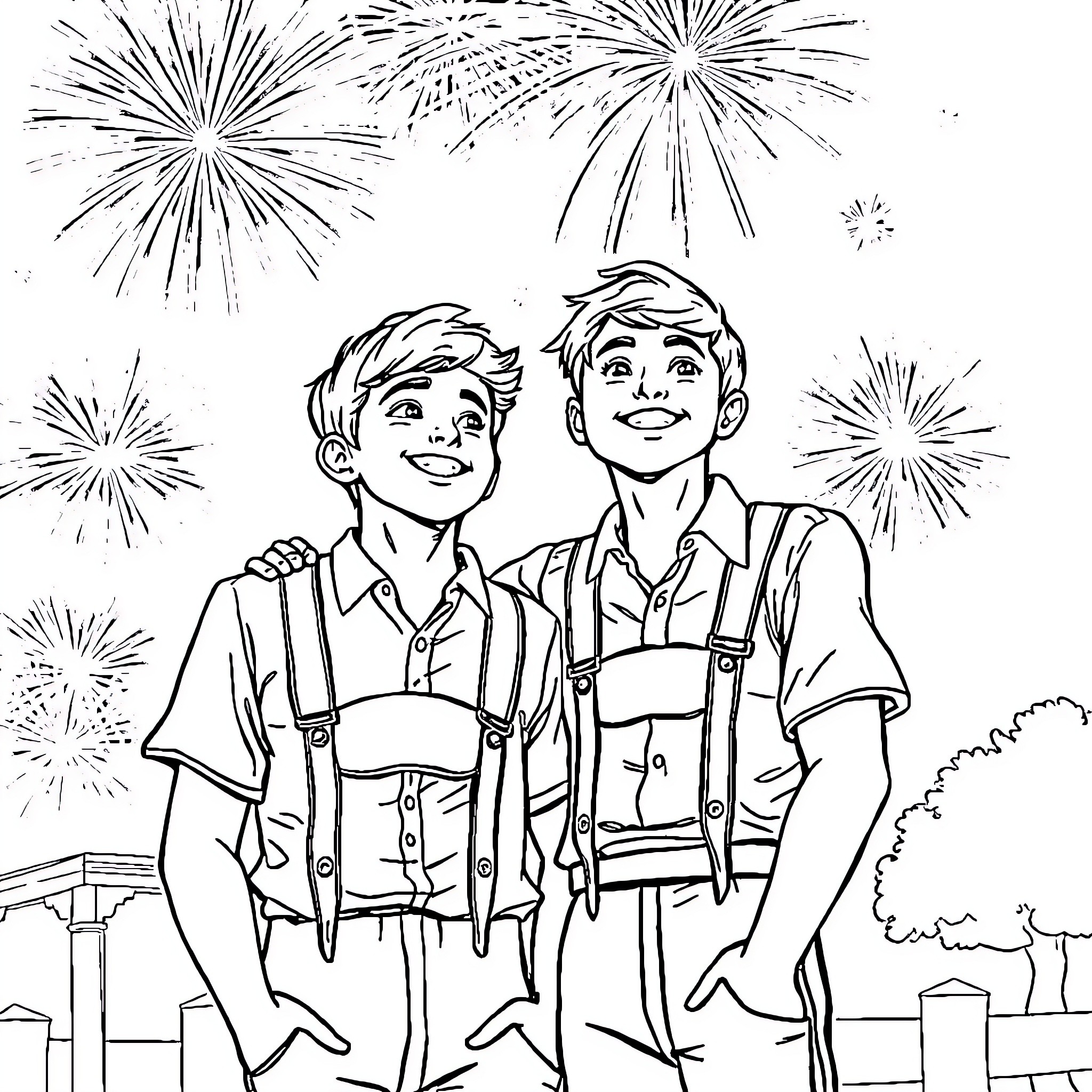 Boy scouts watching fireworks display Coloring Page (free black-and-white line drawing printable PDF for all, from beginners to advanced learners, including children, teens, adults, and seniors)