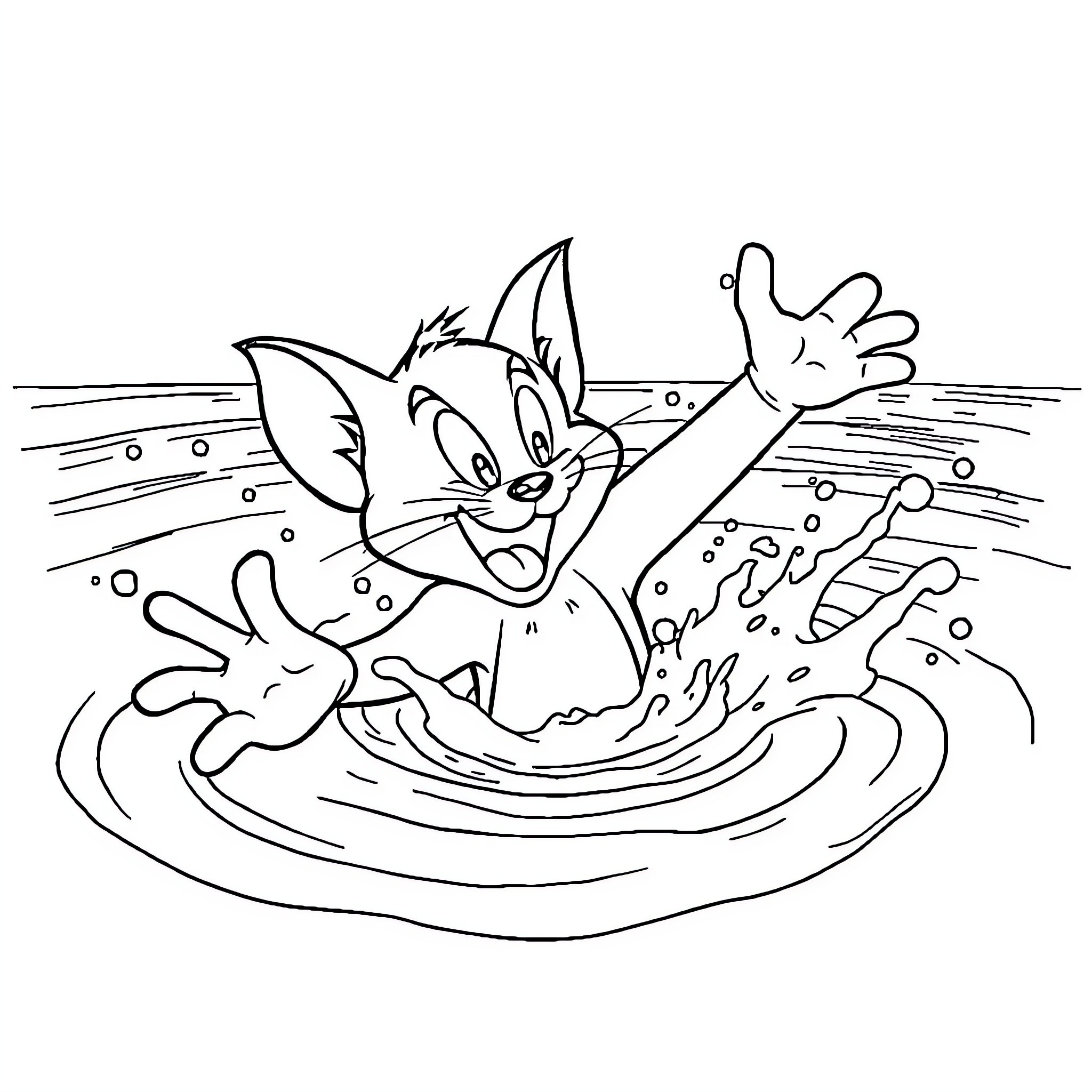 Tom and Jerry Splash in Puddle Coloring Page (free black-and-white line drawing printable PDF for all, from beginners to advanced learners, including children, teens, adults, and seniors)