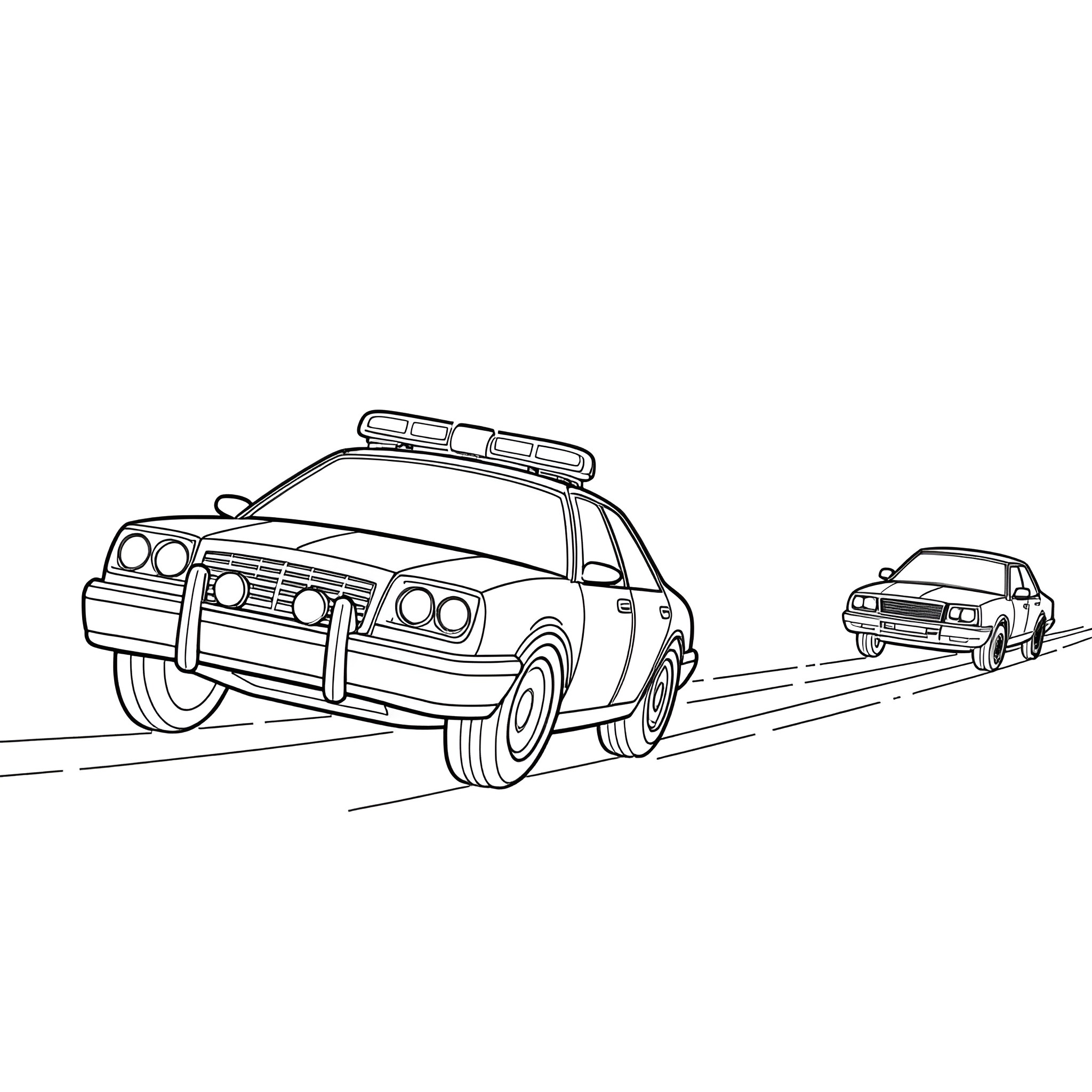 Cop car in pursuit of getaway vehicle Coloring Page (free black-and-white line drawing printable PDF for all, from beginners to advanced learners, including children, teens, adults, and seniors)