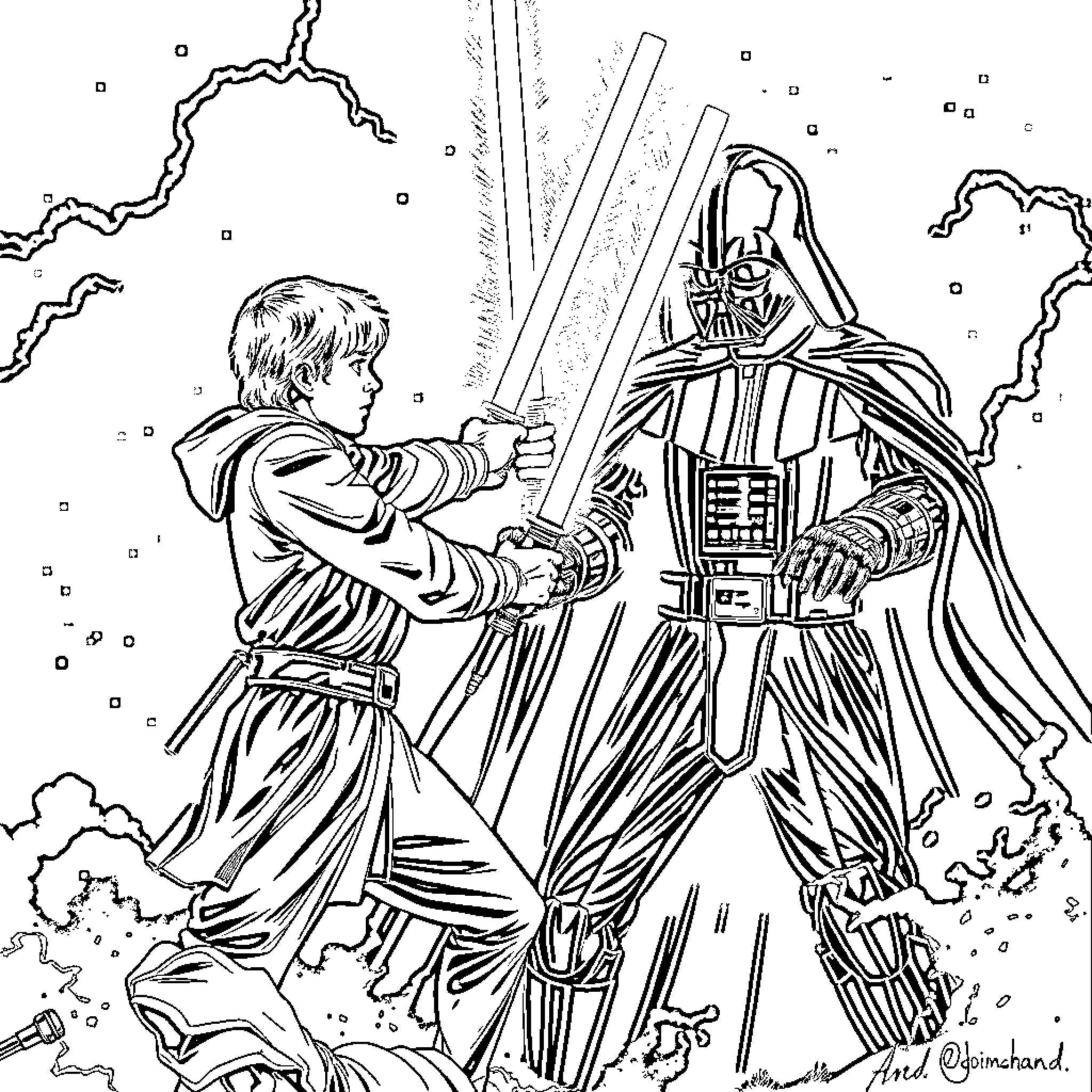 Luke's epic lightsaber duel with Darth Vader Coloring Page (free black-and-white line drawing printable PDF for all, from beginners to advanced learners, including children, teens, adults, and seniors)