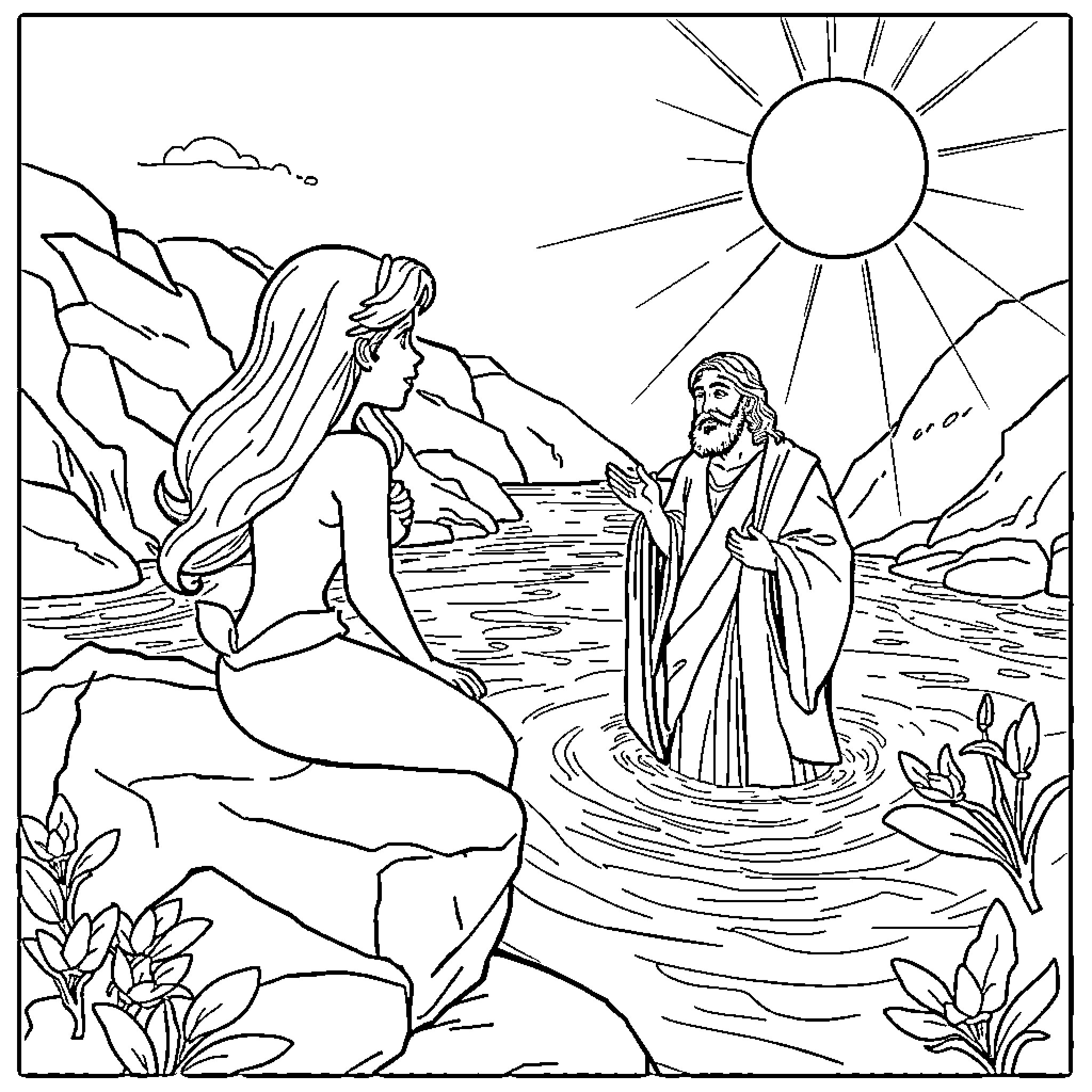 Mermaid and man by the shore Coloring Page (free black-and-white line drawing printable PDF for all, from beginners to advanced learners, including children, teens, adults, and seniors)