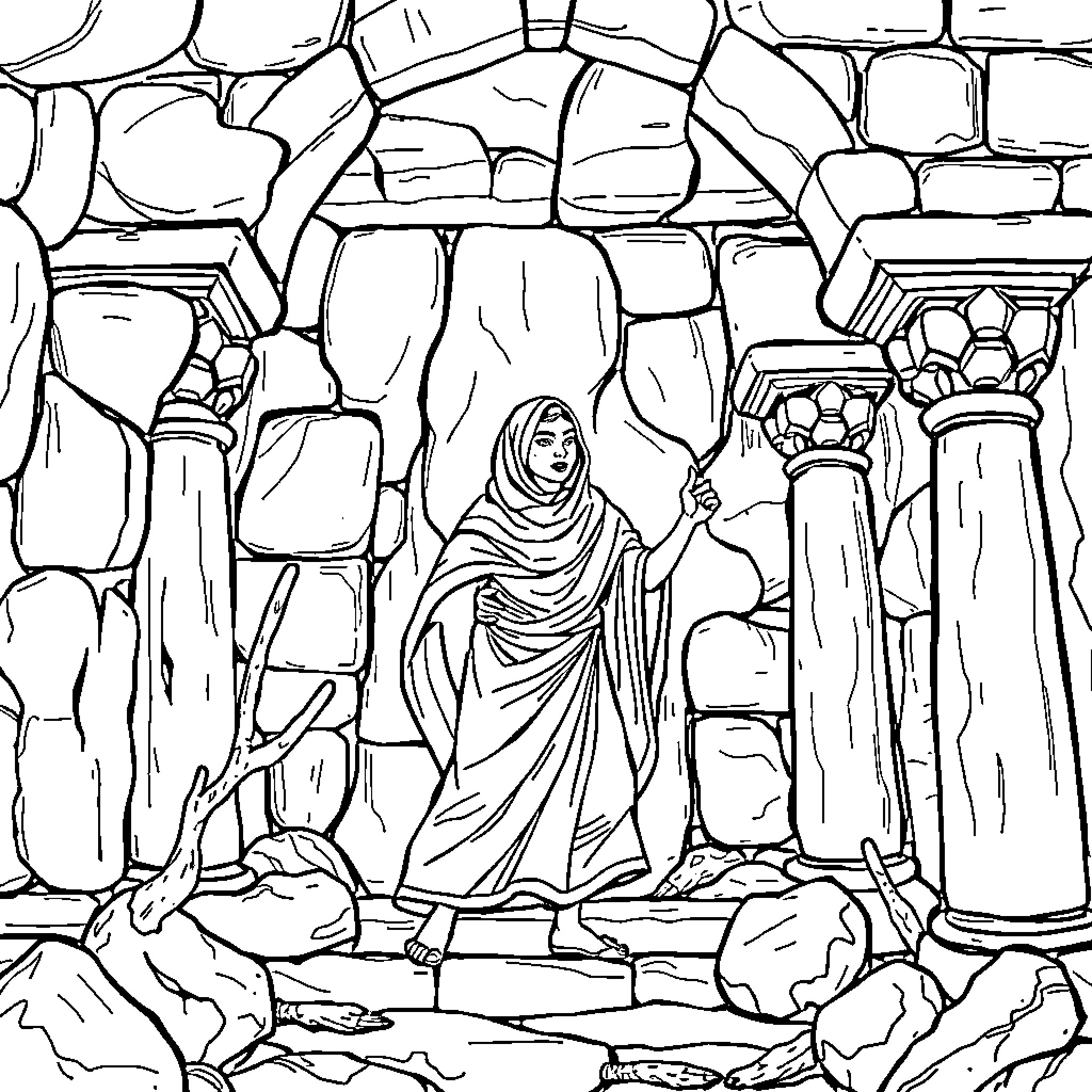 Mummy emerging from ancient ruins Coloring Page (free black-and-white line drawing printable PDF for all, from beginners to advanced learners, including children, teens, adults, and seniors)