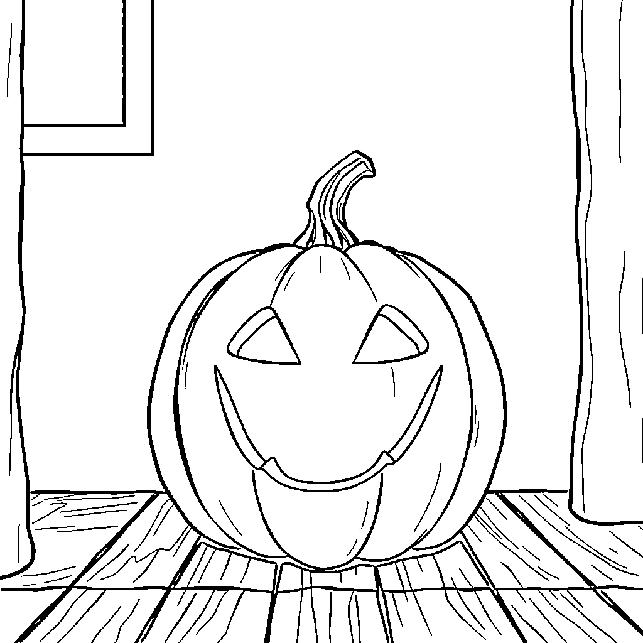 Jack-o'-lantern smiling on wooden floor Coloring Page (free black-and-white line drawing printable PDF for all, from beginners to advanced learners, including children, teens, adults, and seniors)