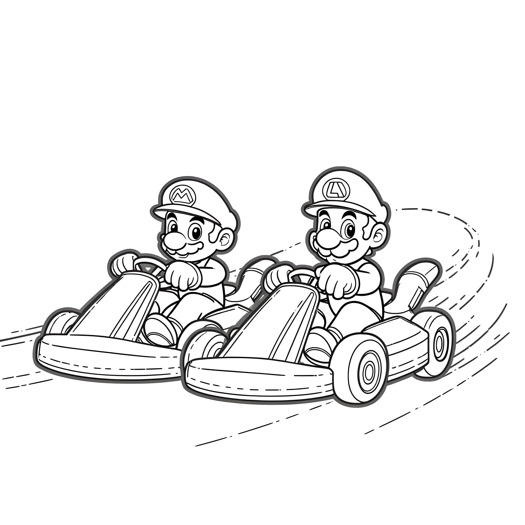 Mario racing friends in go-karts Coloring Page (free black-and-white line drawing printable PDF for all, from beginners to advanced learners, including children, teens, adults, and seniors)