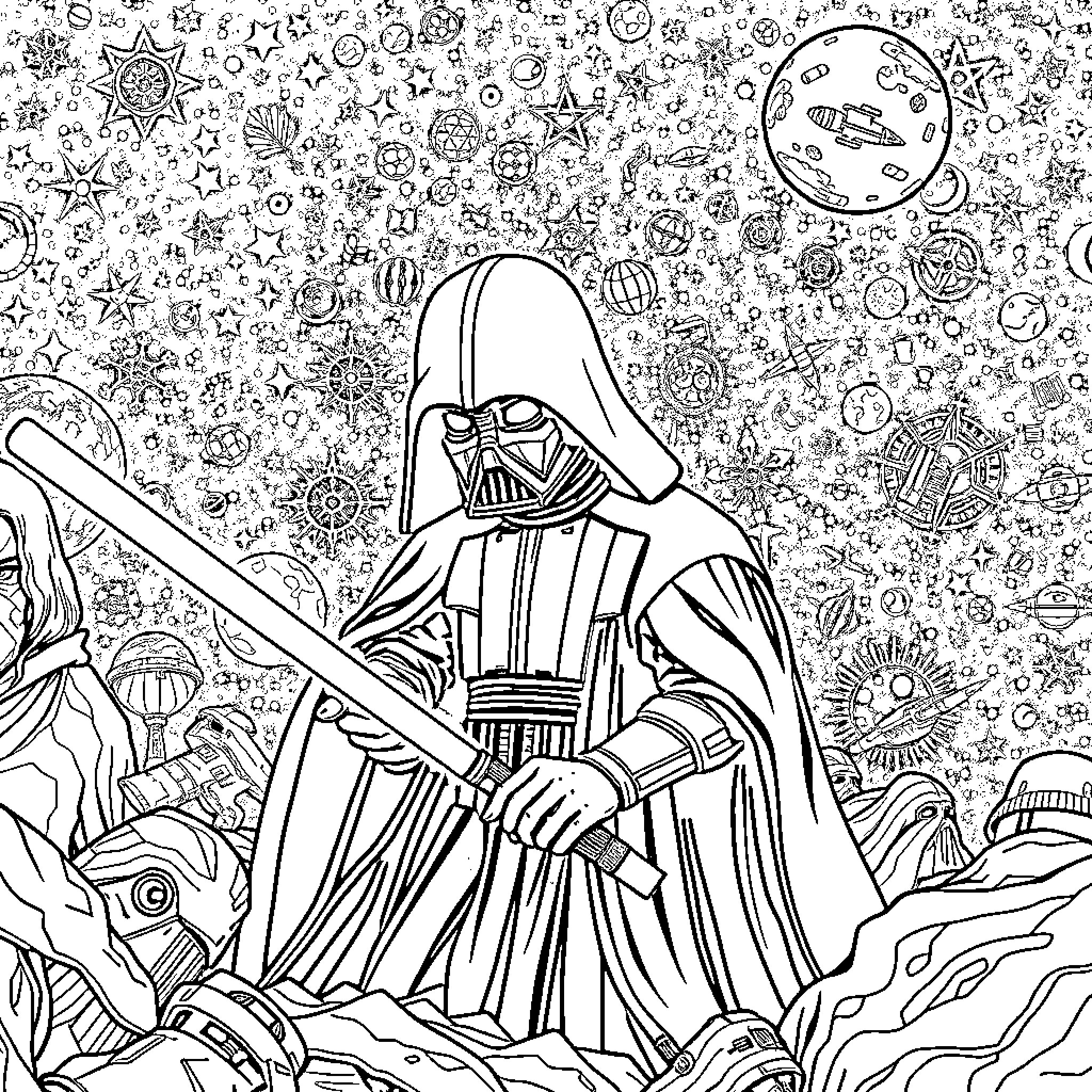 Star Wars: Darth Vader in the Galactic Cosmos Coloring Page (free black-and-white line drawing printable PDF for all, from beginners to advanced learners, including children, teens, adults, and seniors)