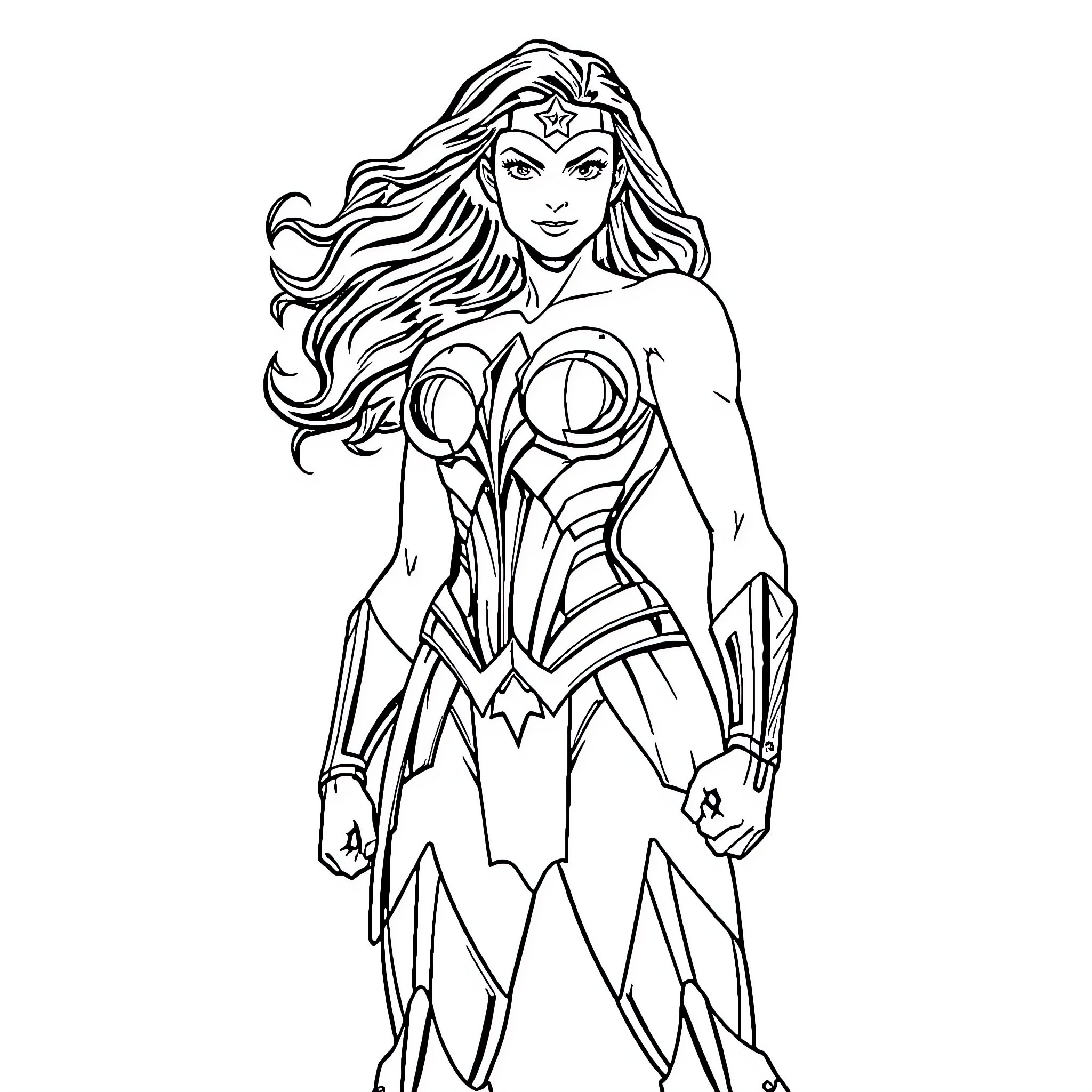 Wonder Woman in heroic stance with iconic attire Coloring Page (free black-and-white line drawing printable PDF for all, from beginners to advanced learners, including children, teens, adults, and seniors)