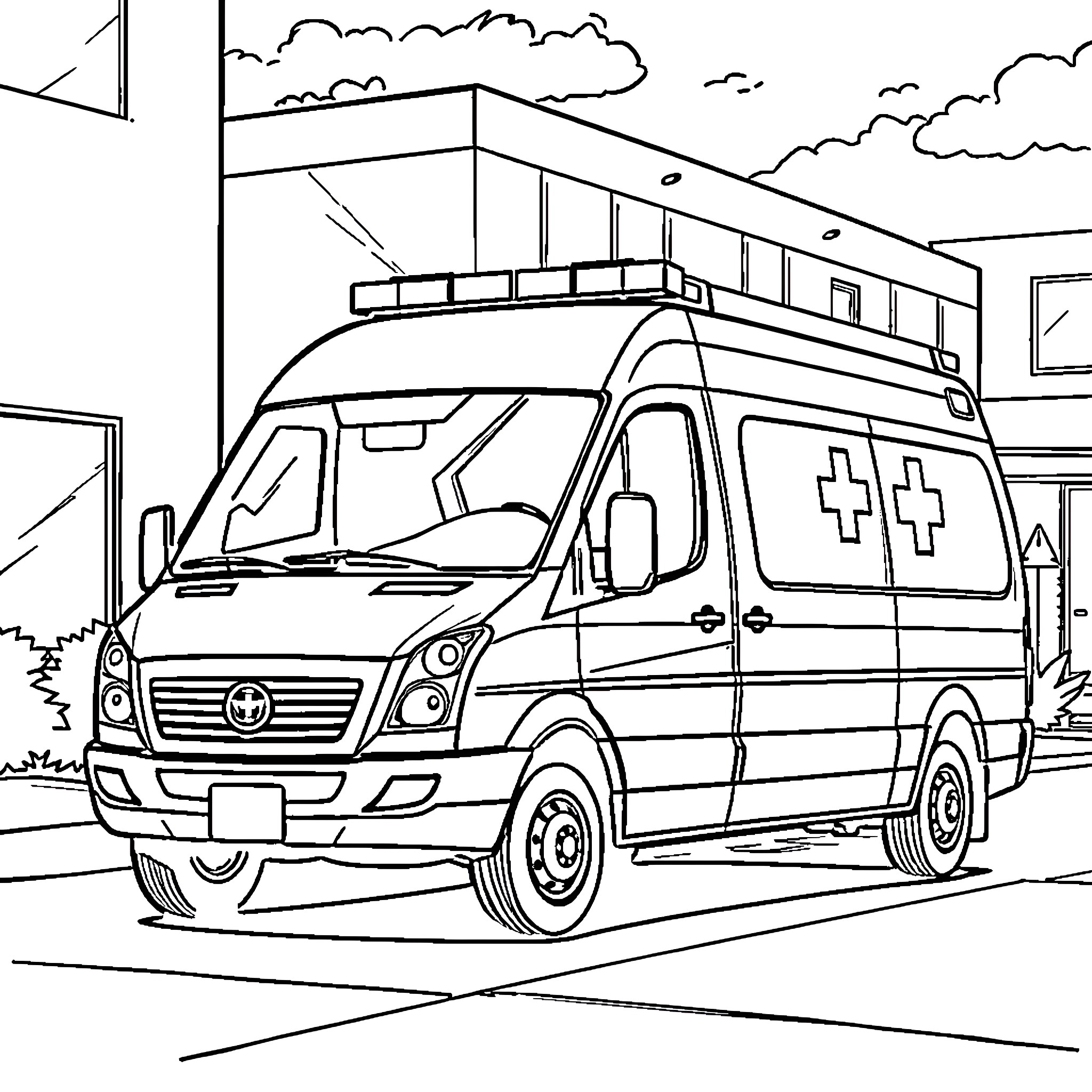Ambulance vehicle responding to emergency call Coloring Page (free black-and-white line drawing printable PDF for all, from beginners to advanced learners, including children, teens, adults, and seniors)