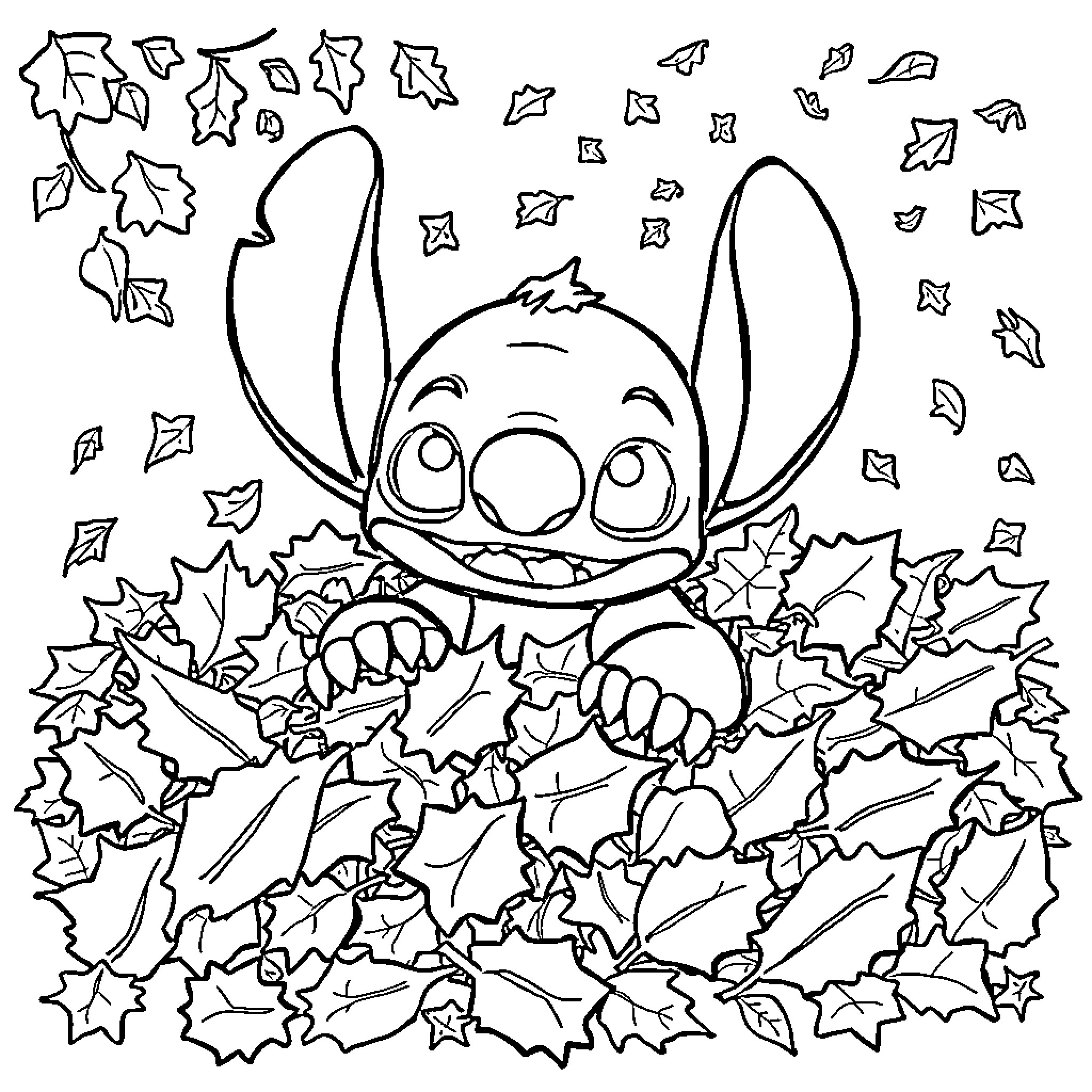 Stitch hiding in autumn leaves Coloring Page (free black-and-white line drawing printable PDF for all, from beginners to advanced learners, including children, teens, adults, and seniors)