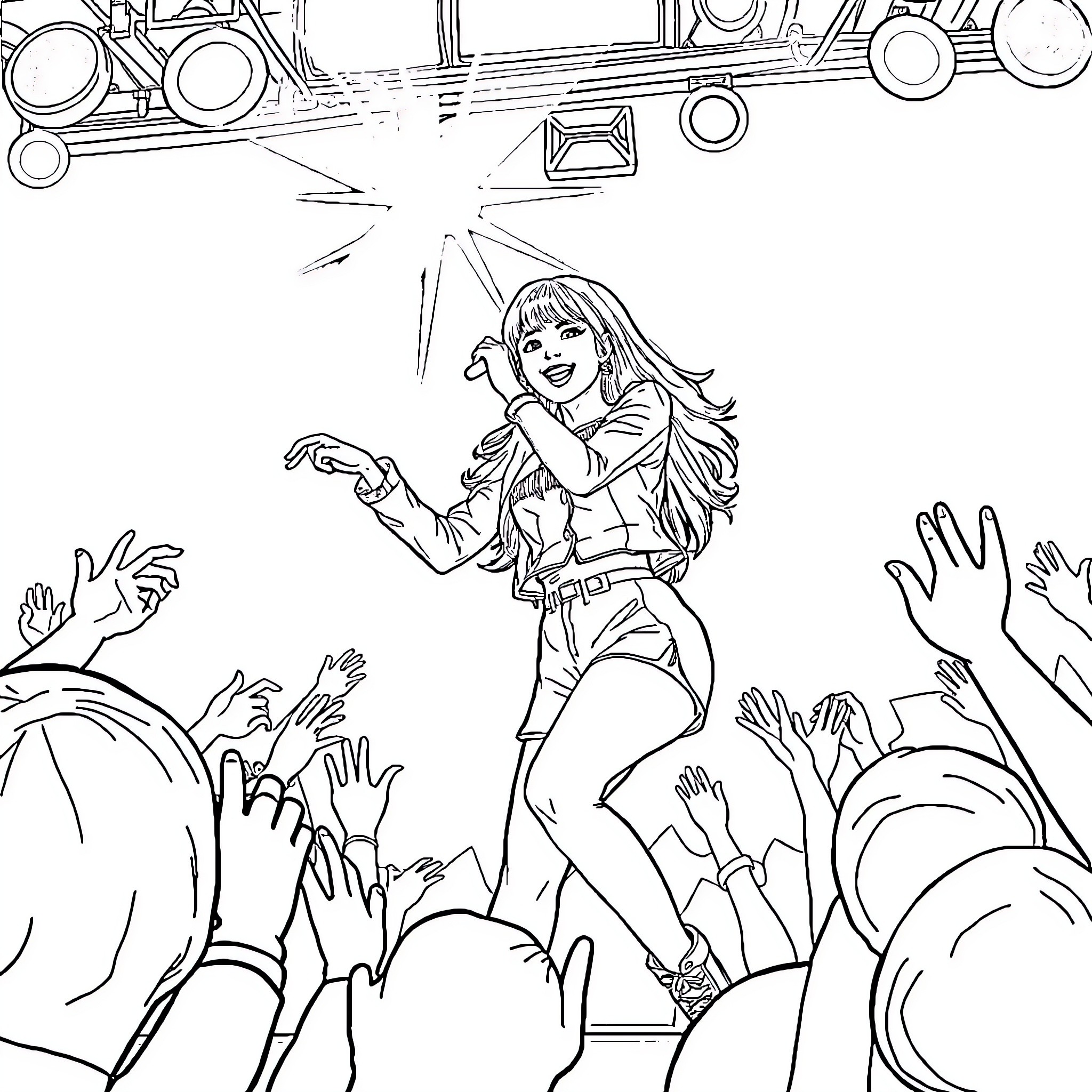 Zoey Singing Joyfully on Stage with Adoring Fans Coloring Page (free black-and-white line drawing printable PDF for all, from beginners to advanced learners, including children, teens, adults, and seniors)