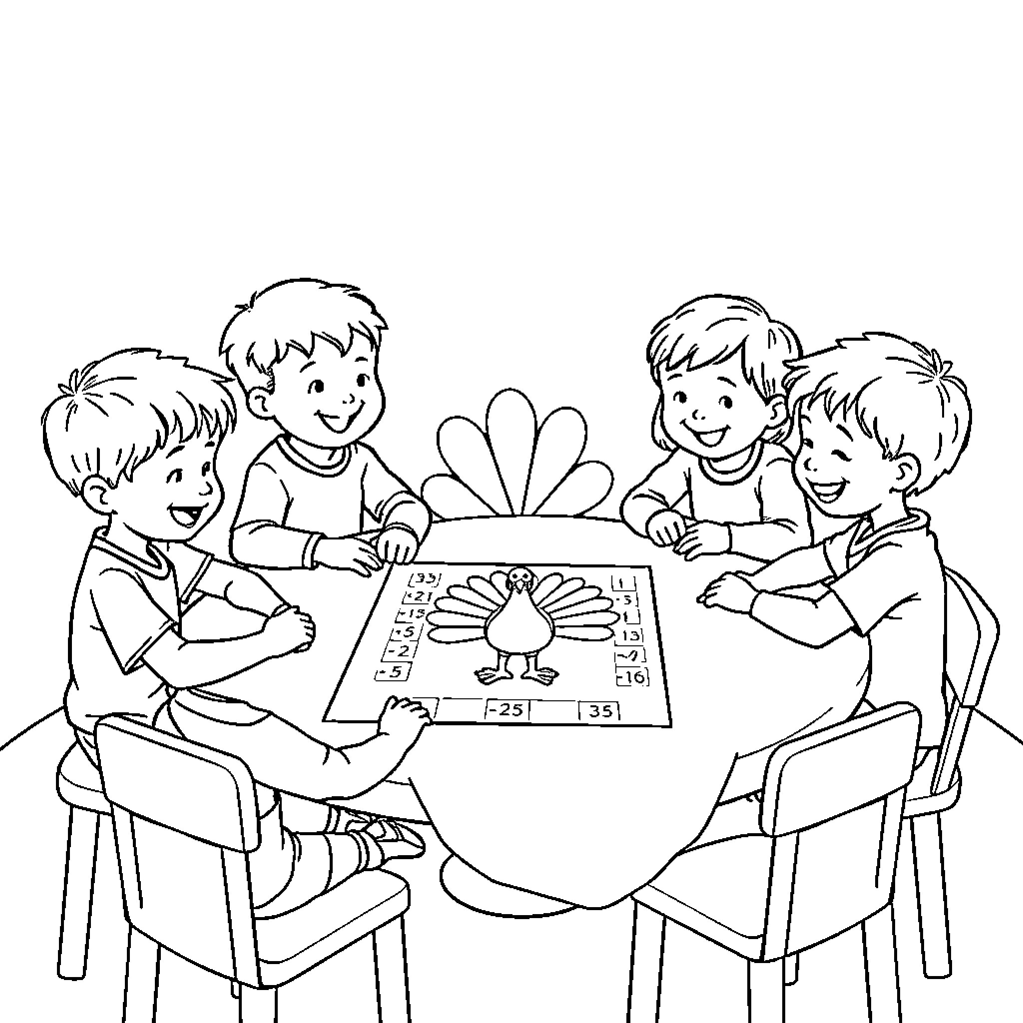Turkey children playing educational game together Coloring Page (free black-and-white line drawing printable PDF for all, from beginners to advanced learners, including children, teens, adults, and seniors)