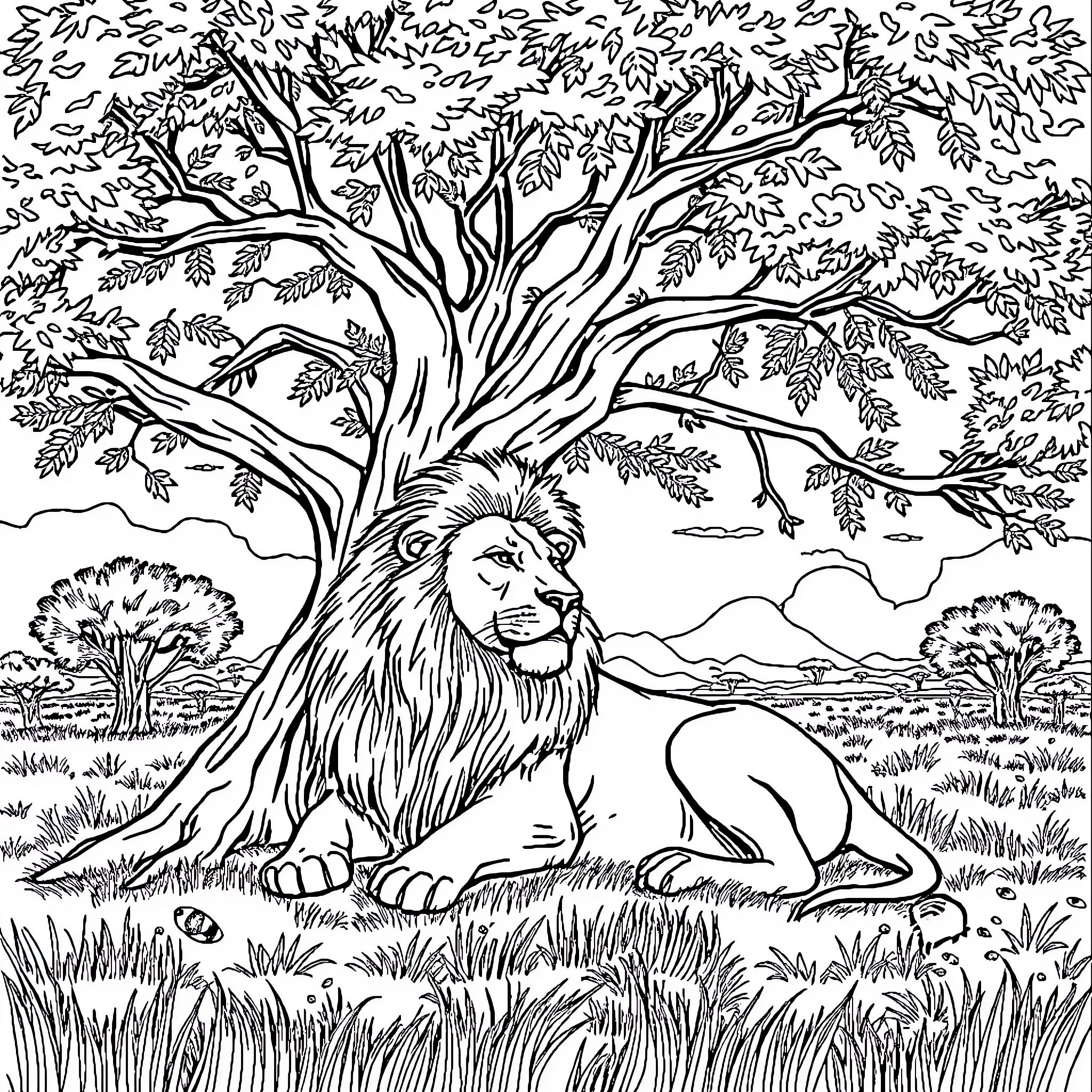 Lion lounging beneath a majestic tree Coloring Page (free black-and-white line drawing printable PDF for all, from beginners to advanced learners, including children, teens, adults, and seniors)