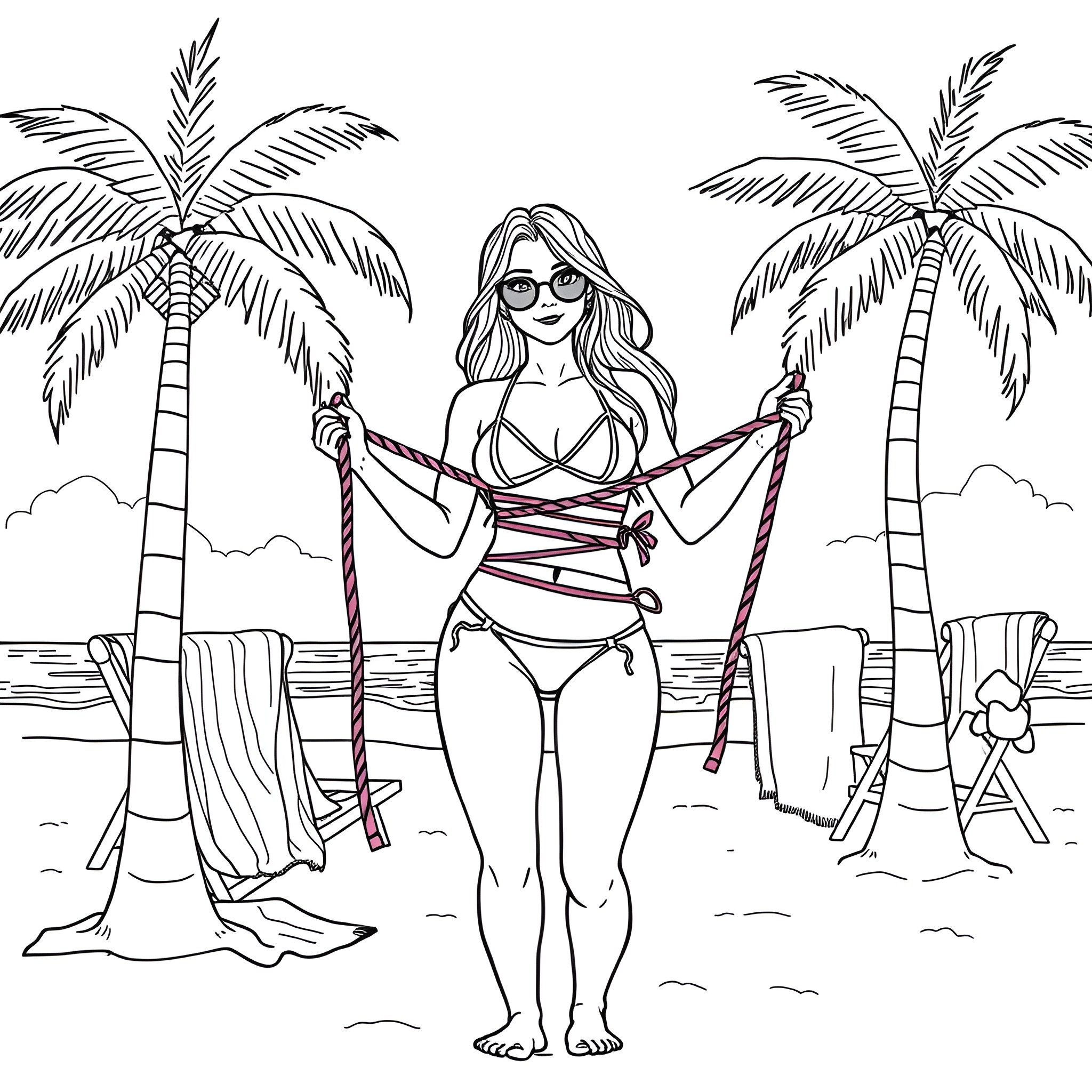 Bikini Girl Enjoying Beach Vacation with Palm Trees Coloring Page (free black-and-white line drawing printable PDF for all, from beginners to advanced learners, including children, teens, adults, and seniors)