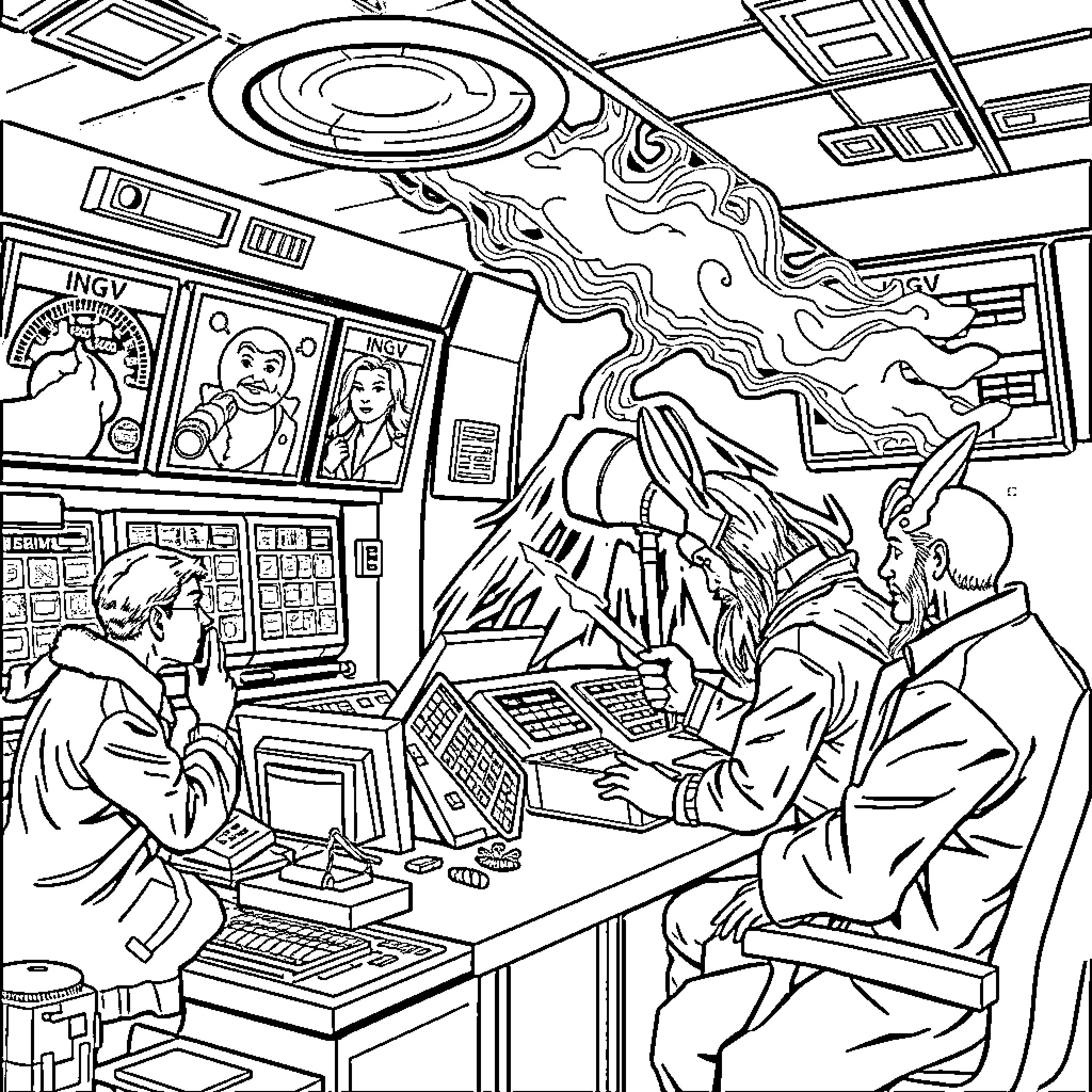 Thor's Epic Battle in a Futuristic Control Room Coloring Page (free black-and-white line drawing printable PDF for all, from beginners to advanced learners, including children, teens, adults, and seniors)