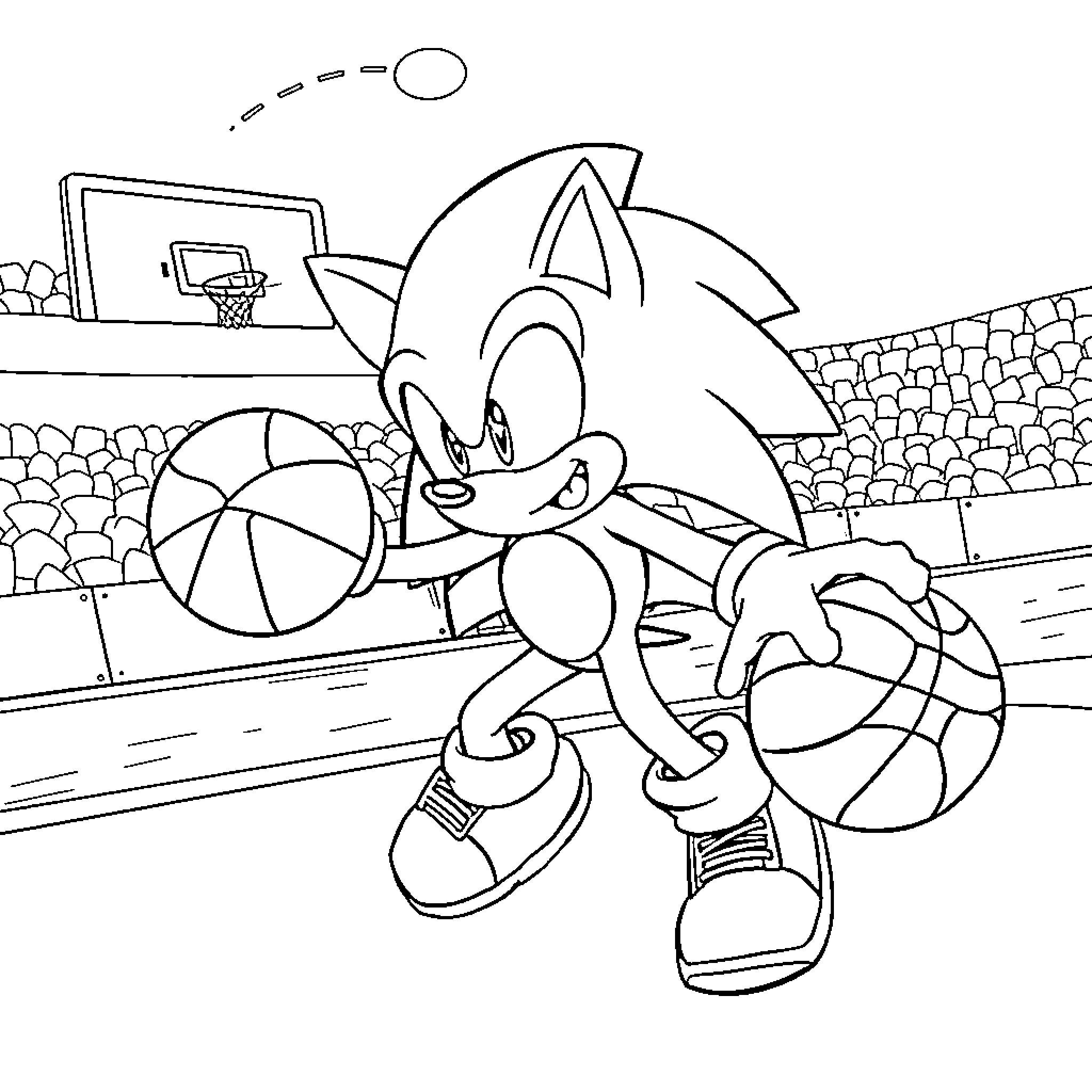 Sonic playing happily with beach ball in outdoor court Coloring Page (free black-and-white line drawing printable PDF for all, from beginners to advanced learners, including children, teens, adults, and seniors)
