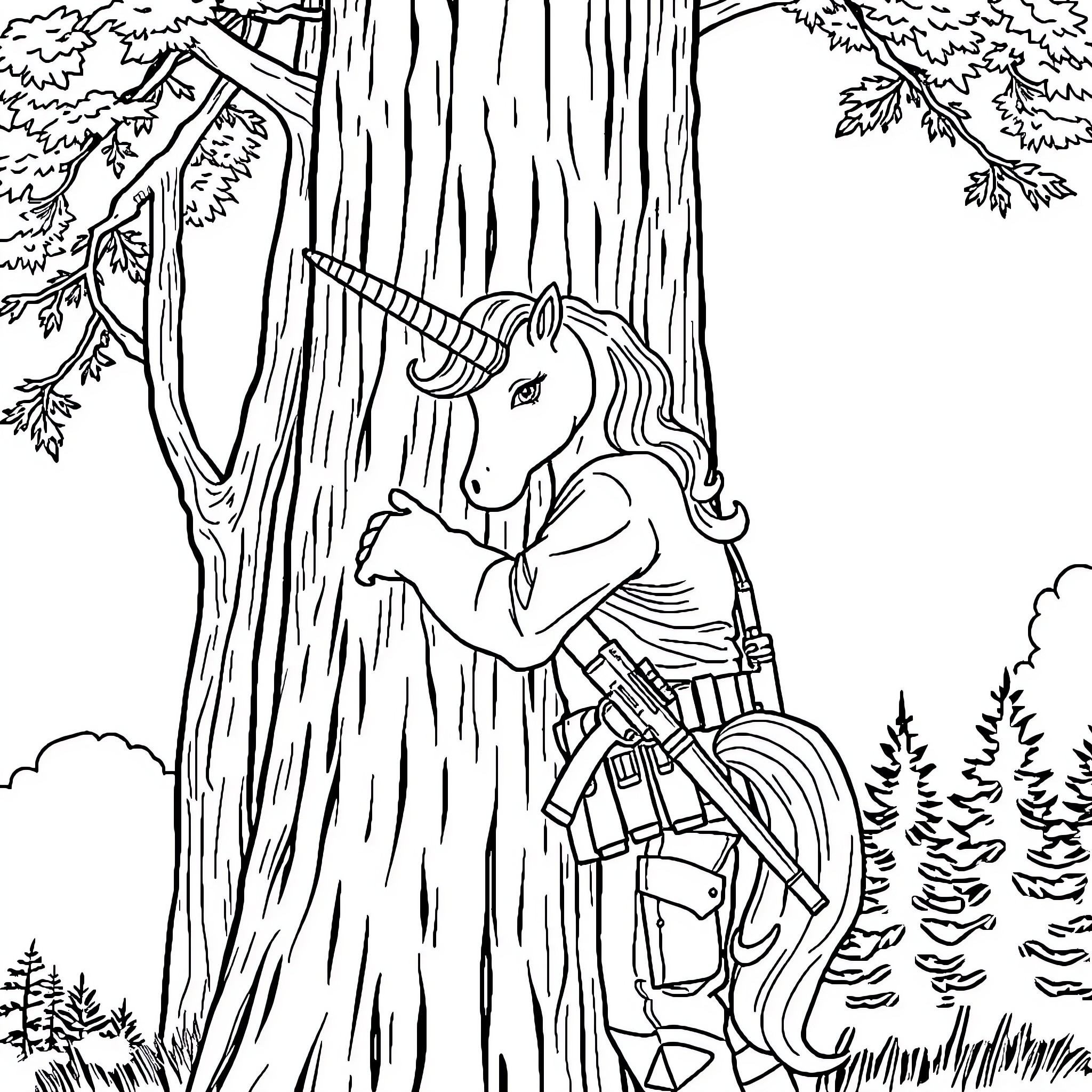 Soldier Unicorn Climbing Tree in Forest Coloring Page (free black-and-white line drawing printable PDF for all, from beginners to advanced learners, including children, teens, adults, and seniors)