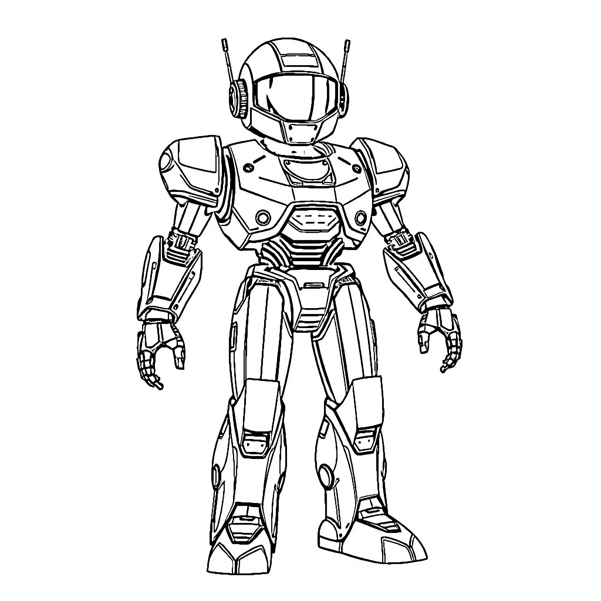 Robot Warrior in Futuristic Armored Suit Coloring Page (free black-and-white line drawing printable PDF for all, from beginners to advanced learners, including children, teens, adults, and seniors)