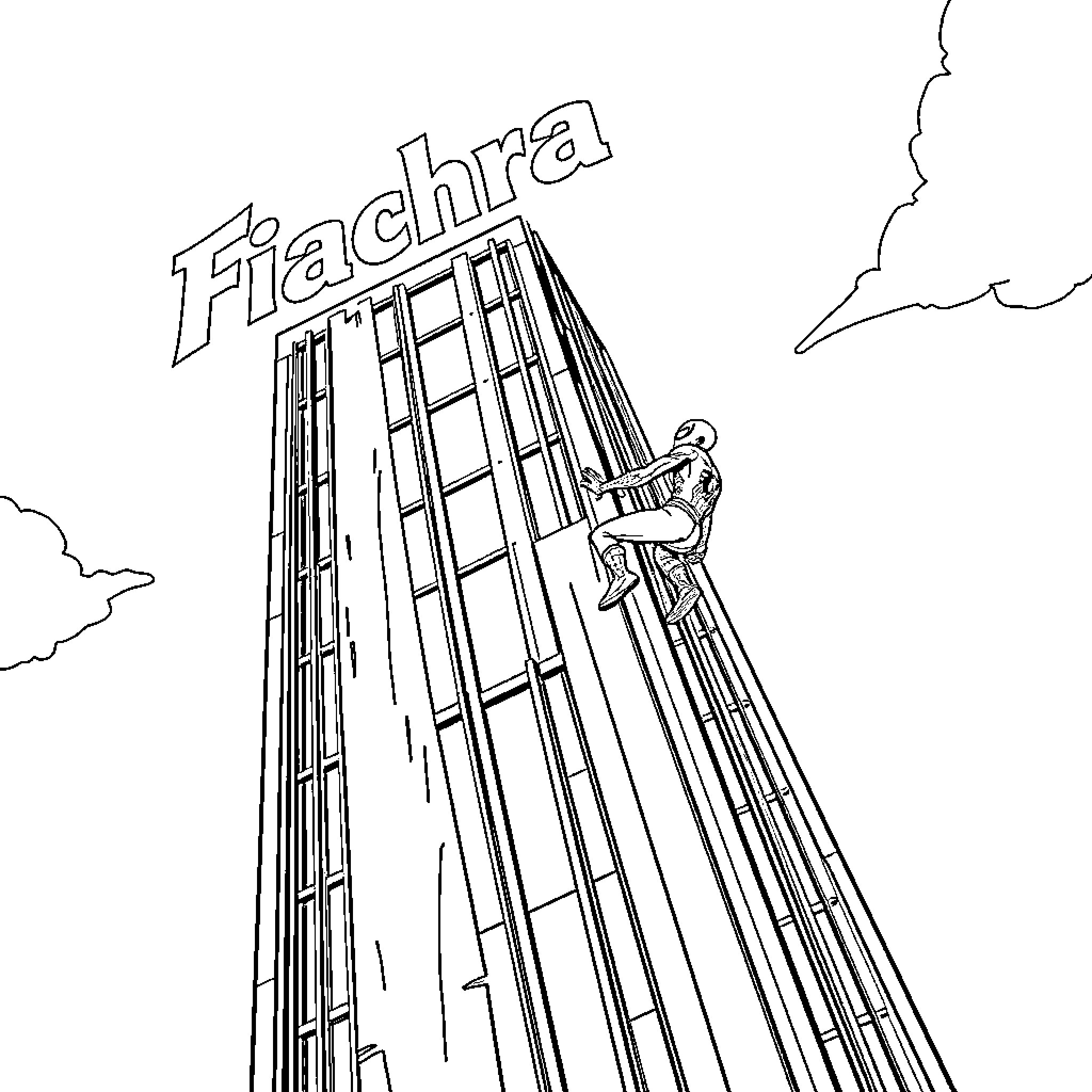 Spiderman Climbing the Fiachra Tower Coloring Page (free black-and-white line drawing printable PDF for all, from beginners to advanced learners, including children, teens, adults, and seniors)