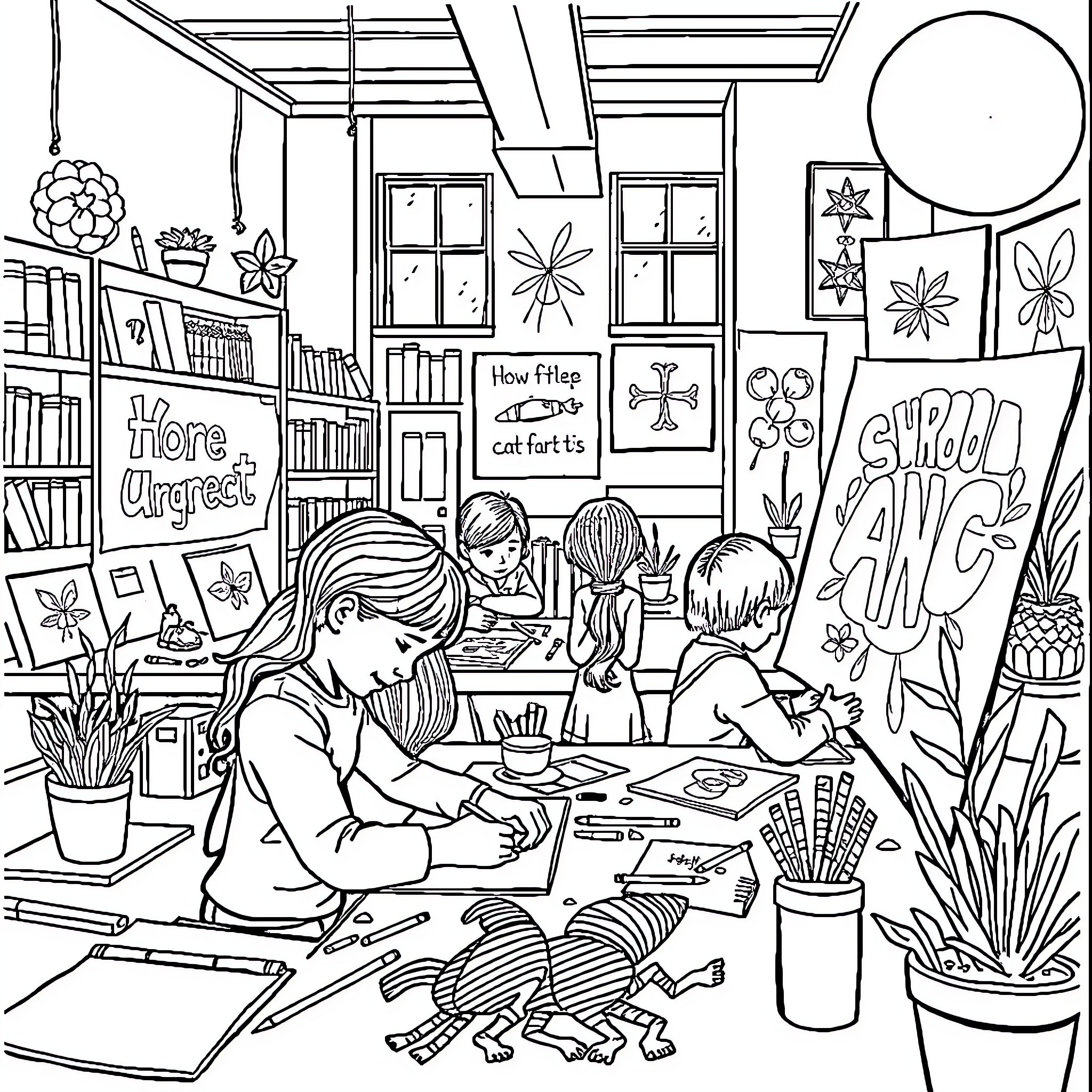 School Art and Craft Workshop for Students Coloring Page (free black-and-white line drawing printable PDF for all, from beginners to advanced learners, including children, teens, adults, and seniors)