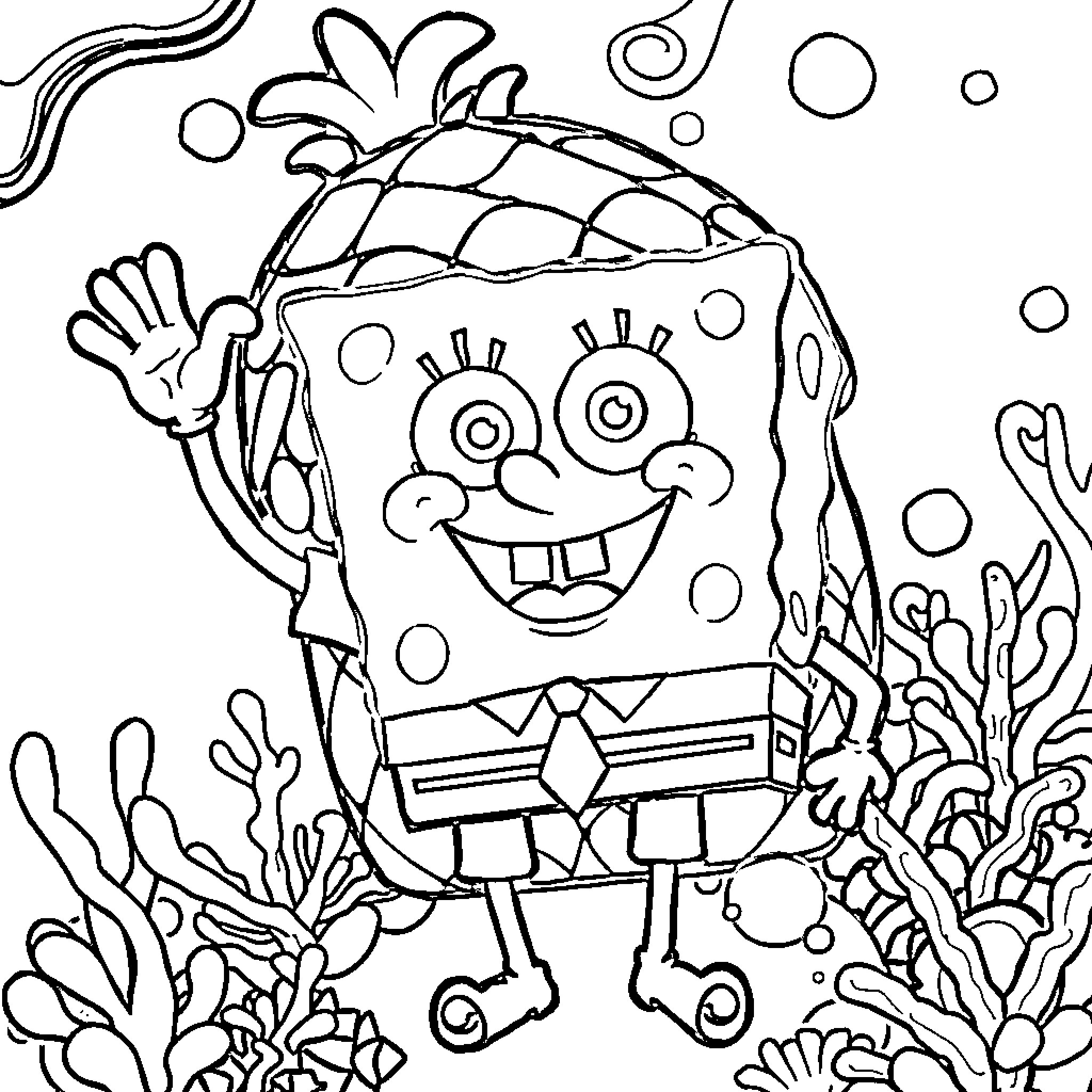 Spongebob waving happily in underwater scene Coloring Page (free black-and-white line drawing printable PDF for all, from beginners to advanced learners, including children, teens, adults, and seniors)