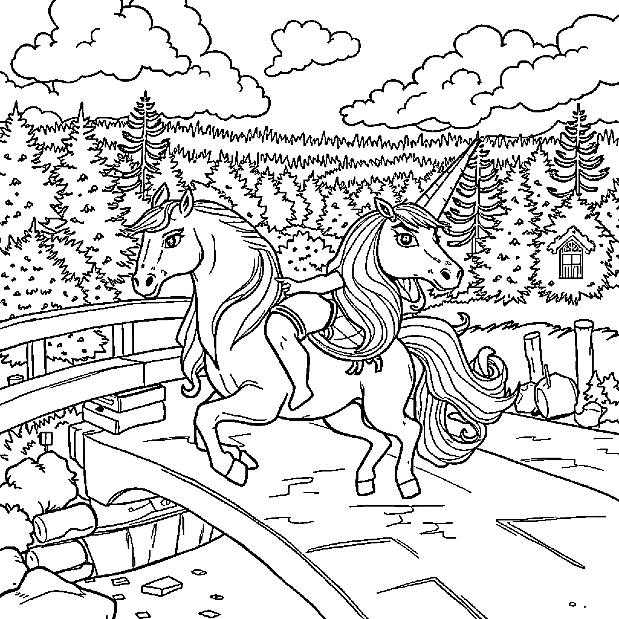 Hulk unicorns galloping through enchanted forest Coloring Page (free black-and-white line drawing printable PDF for all, from beginners to advanced learners, including children, teens, adults, and seniors)