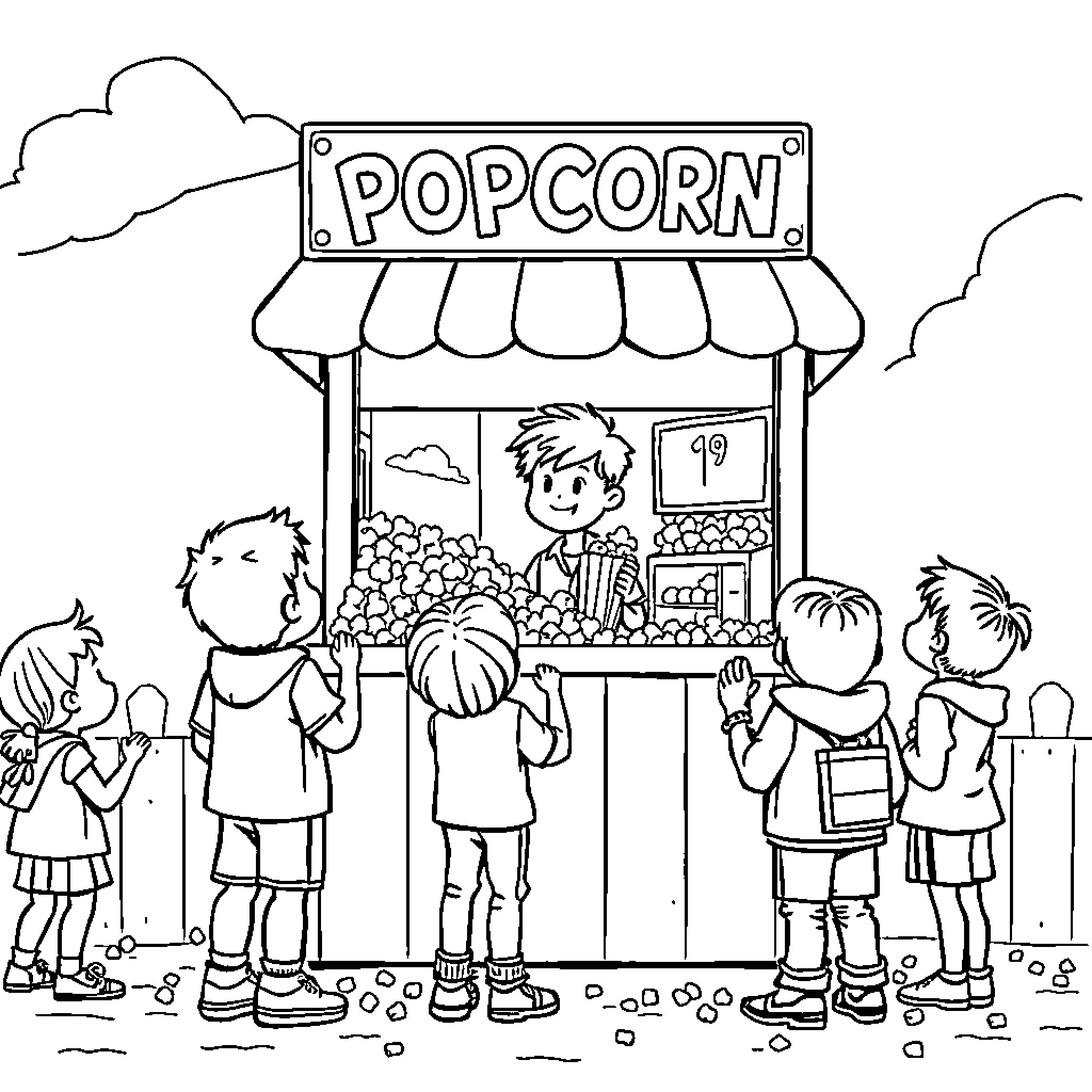Boy enjoys popcorn at the street vendor Coloring Page (free black-and-white line drawing printable PDF for all, from beginners to advanced learners, including children, teens, adults, and seniors)