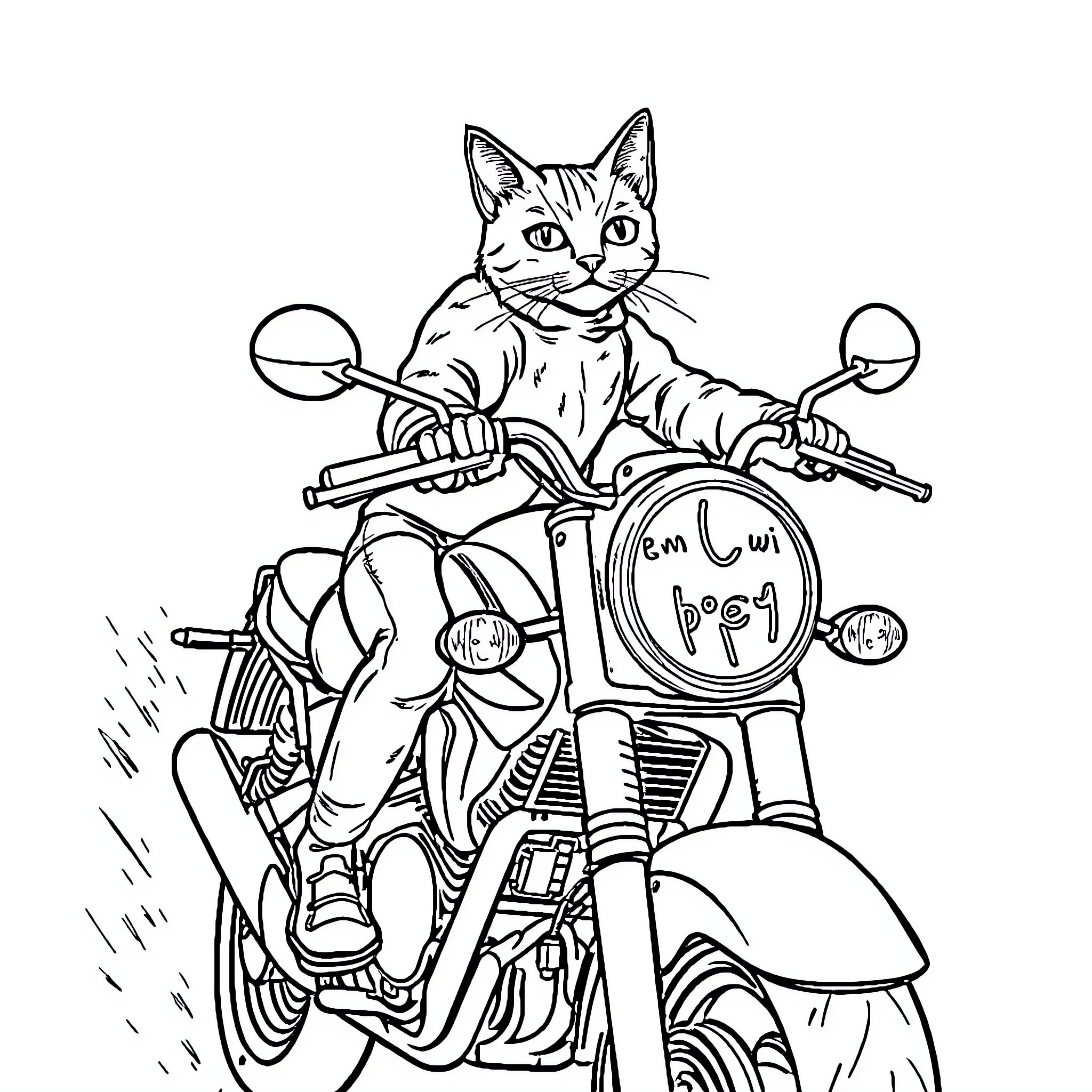 Cat riding a motorcycle on the road Coloring Page (free black-and-white line drawing printable PDF for all, from beginners to advanced learners, including children, teens, adults, and seniors)