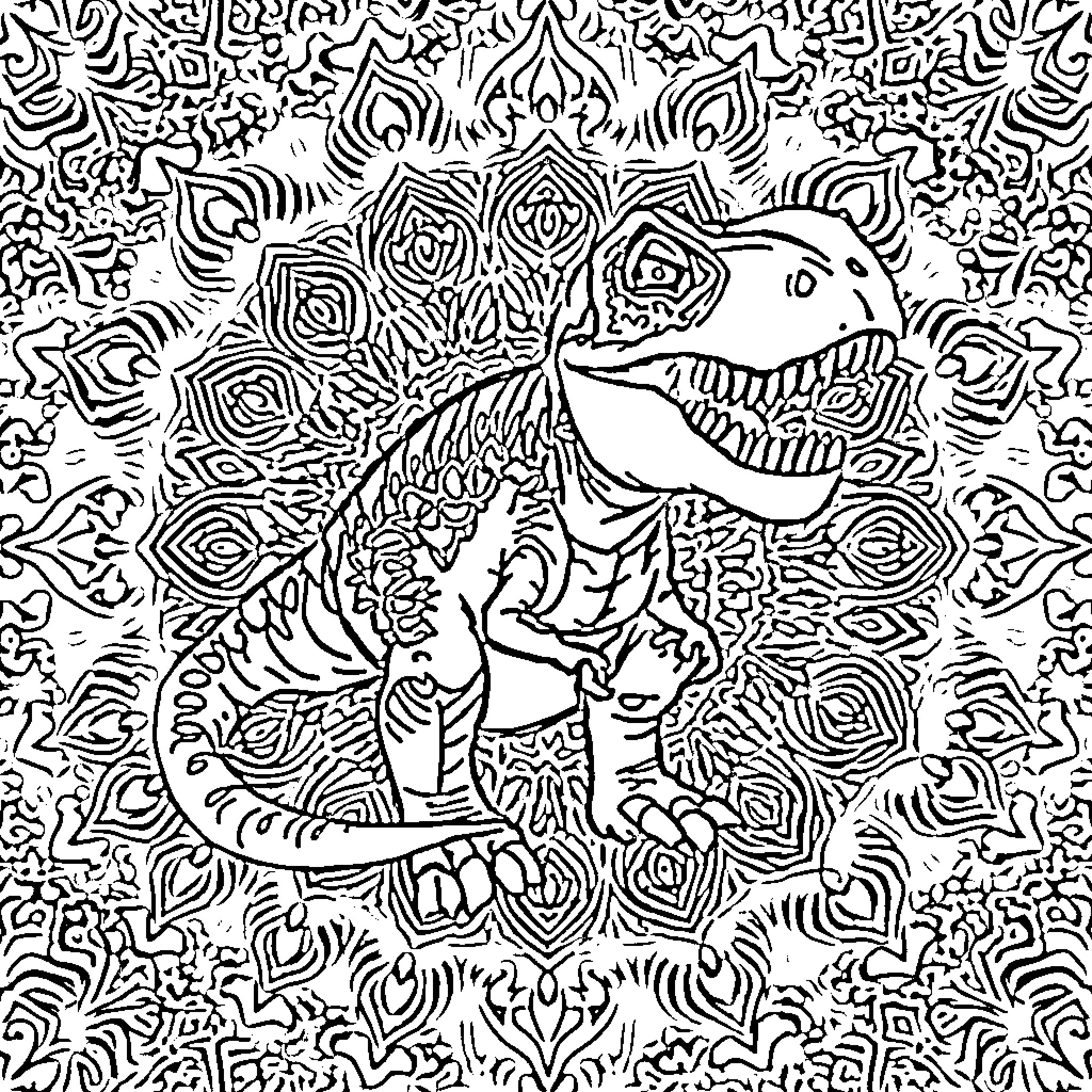 T-Rex Roaring Fiercely in Ornate Mandala Illustration Coloring Page (free black-and-white line drawing printable PDF for all, from beginners to advanced learners, including children, teens, adults, and seniors)