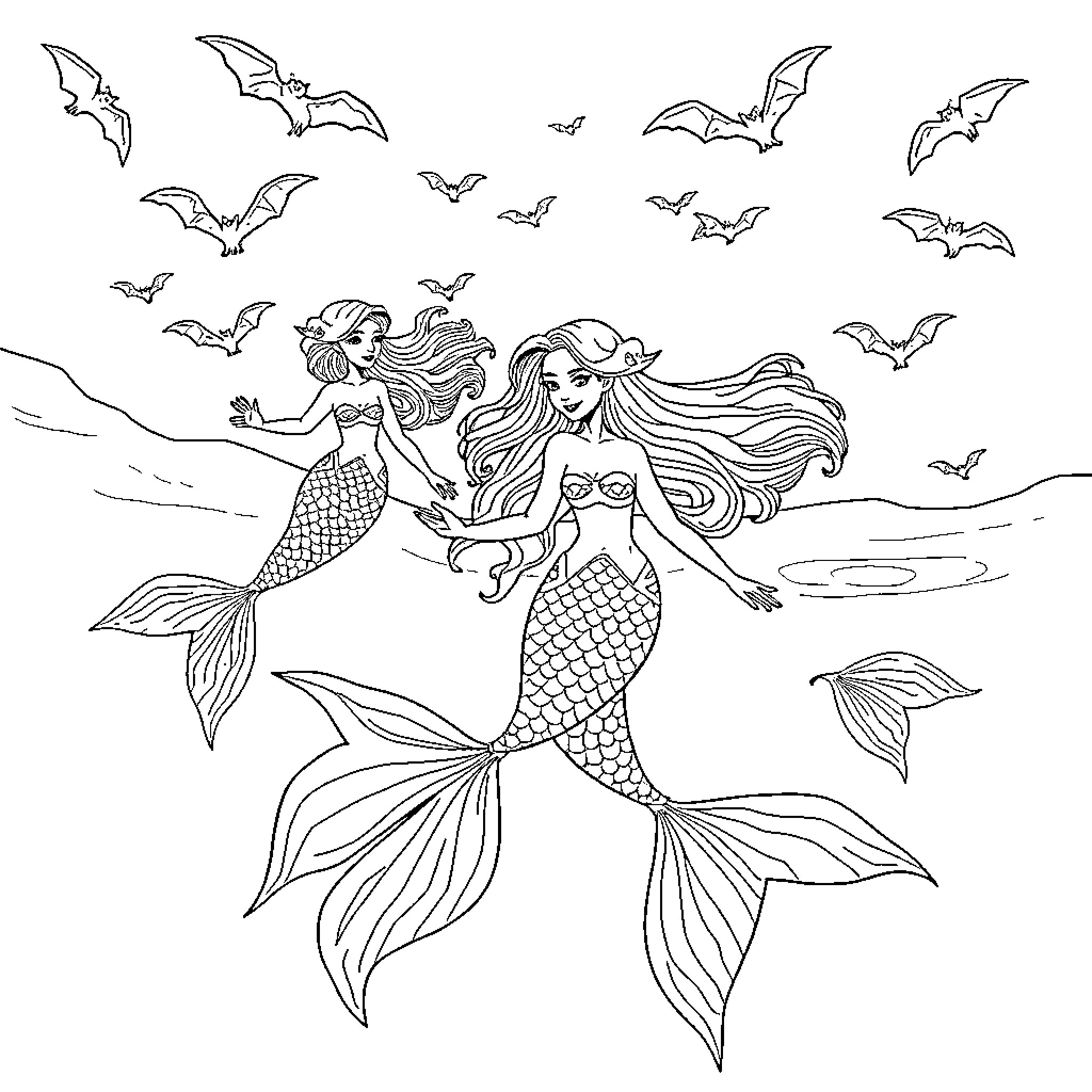 Mermaid sisters swimming with bats in the ocean Coloring Page (free black-and-white line drawing printable PDF for all, from beginners to advanced learners, including children, teens, adults, and seniors)