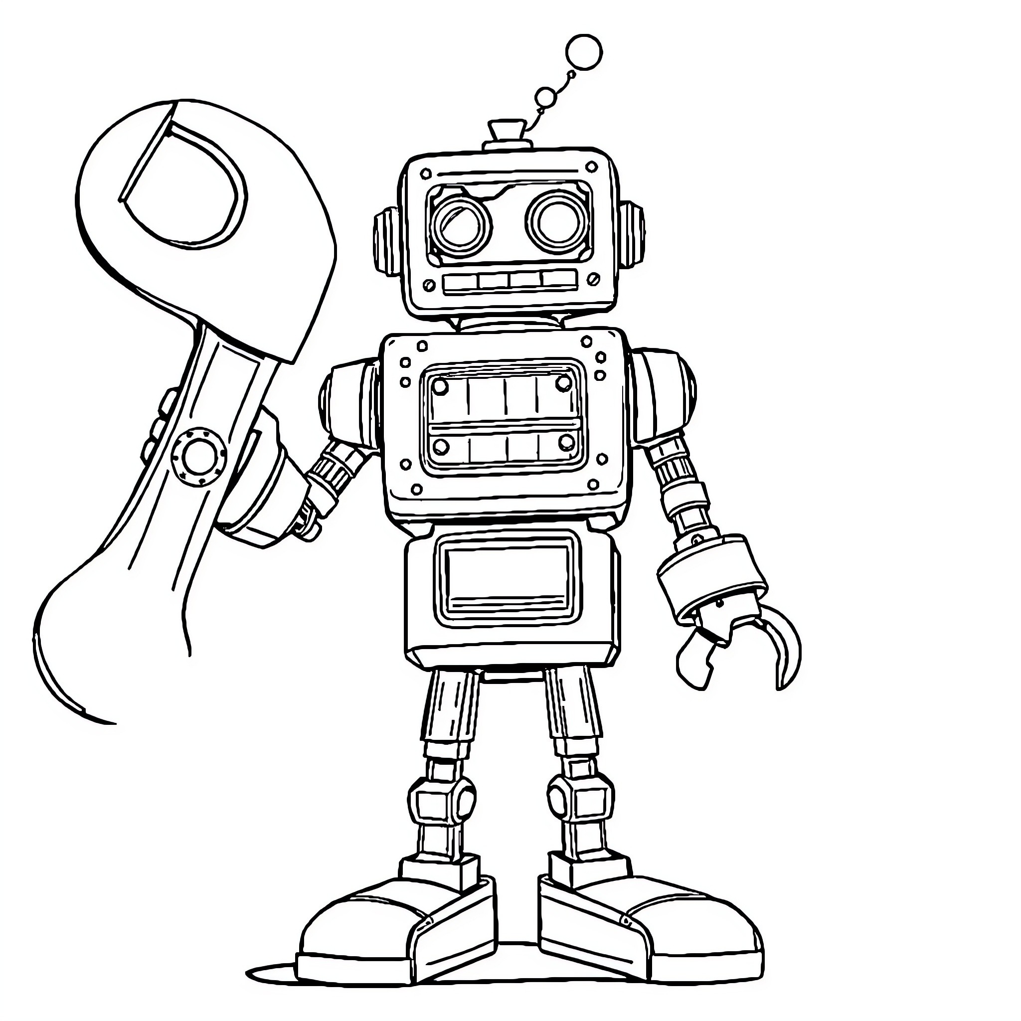 Robot Holding a Wrench and Repairing Machinery Coloring Page (free black-and-white line drawing printable PDF for all, from beginners to advanced learners, including children, teens, adults, and seniors)
