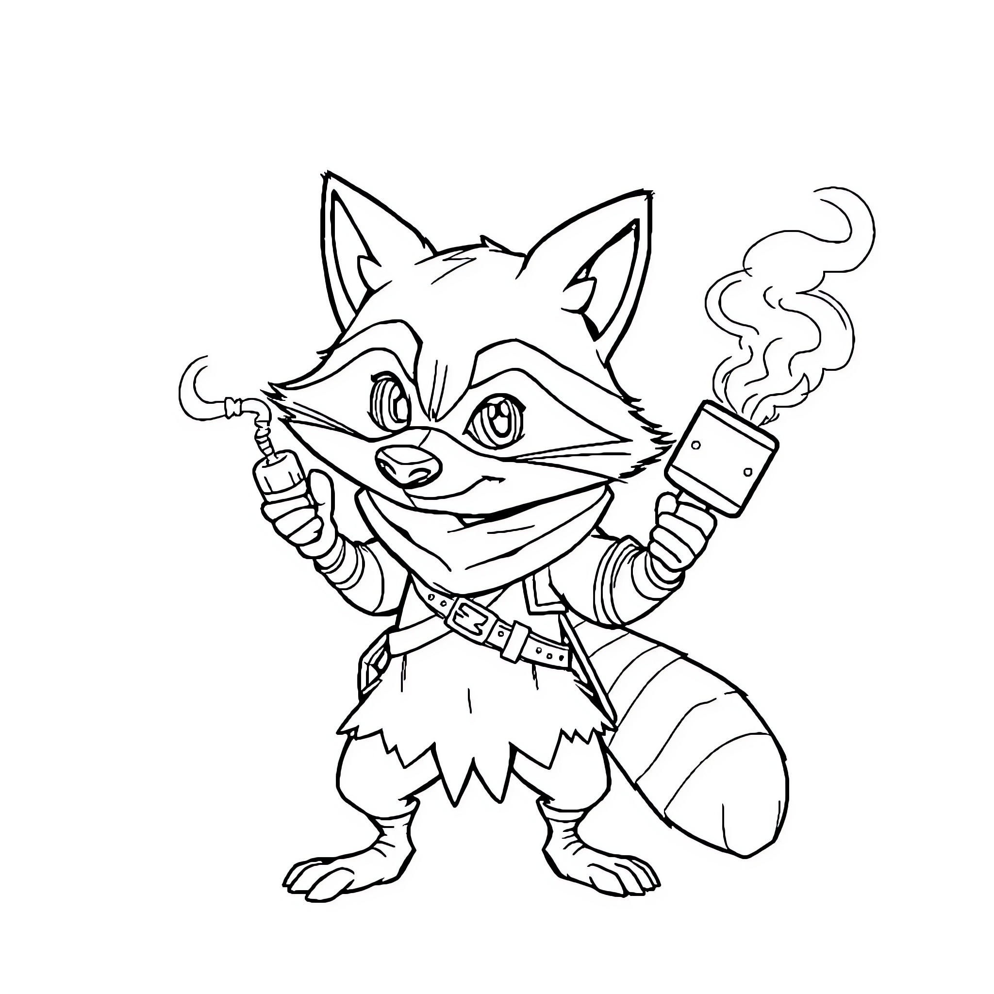 Raccoon Wielding Weaponry with Mischievous Expression Coloring Page (free black-and-white line drawing printable PDF for all, from beginners to advanced learners, including children, teens, adults, and seniors)