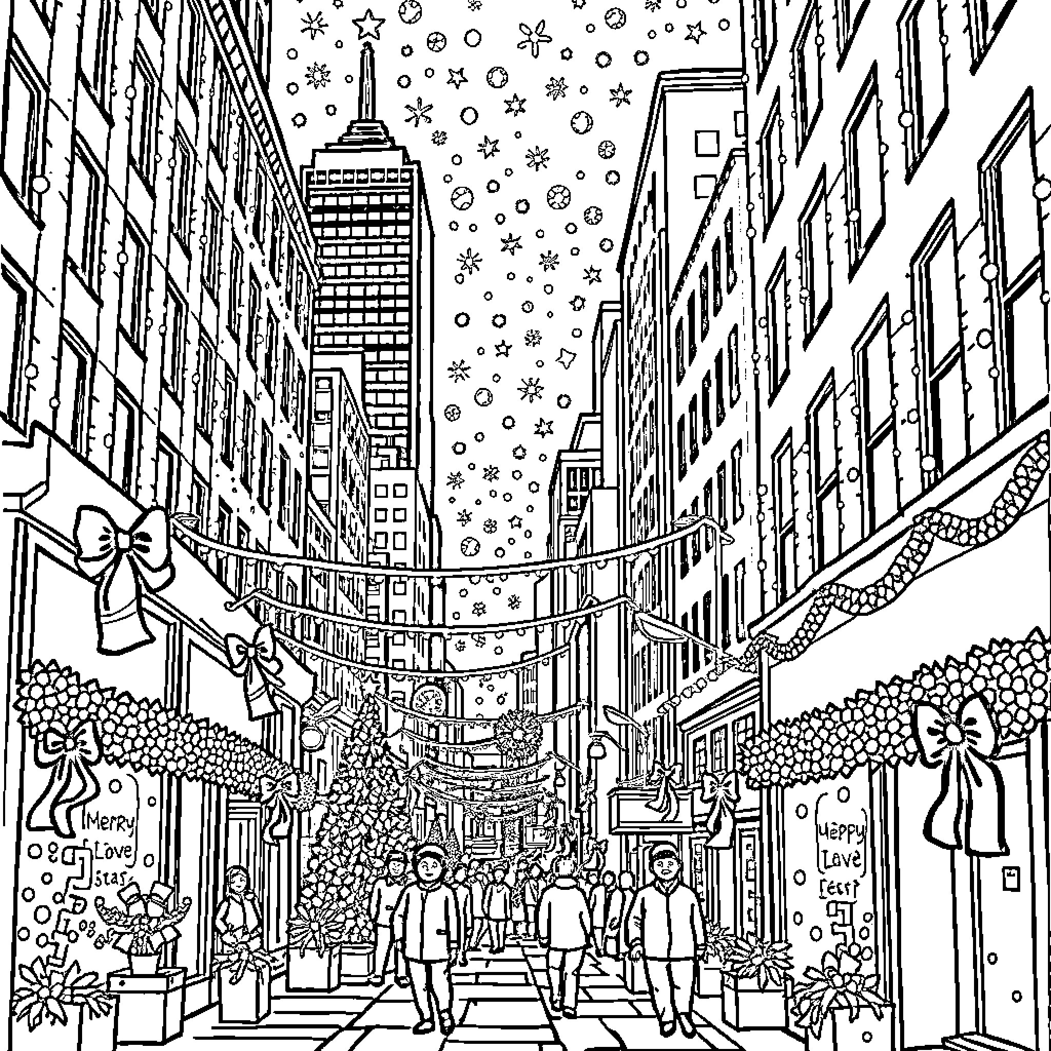Christmas in the City Coloring Page (free black-and-white line drawing printable PDF for all, from beginners to advanced learners, including children, teens, adults, and seniors)