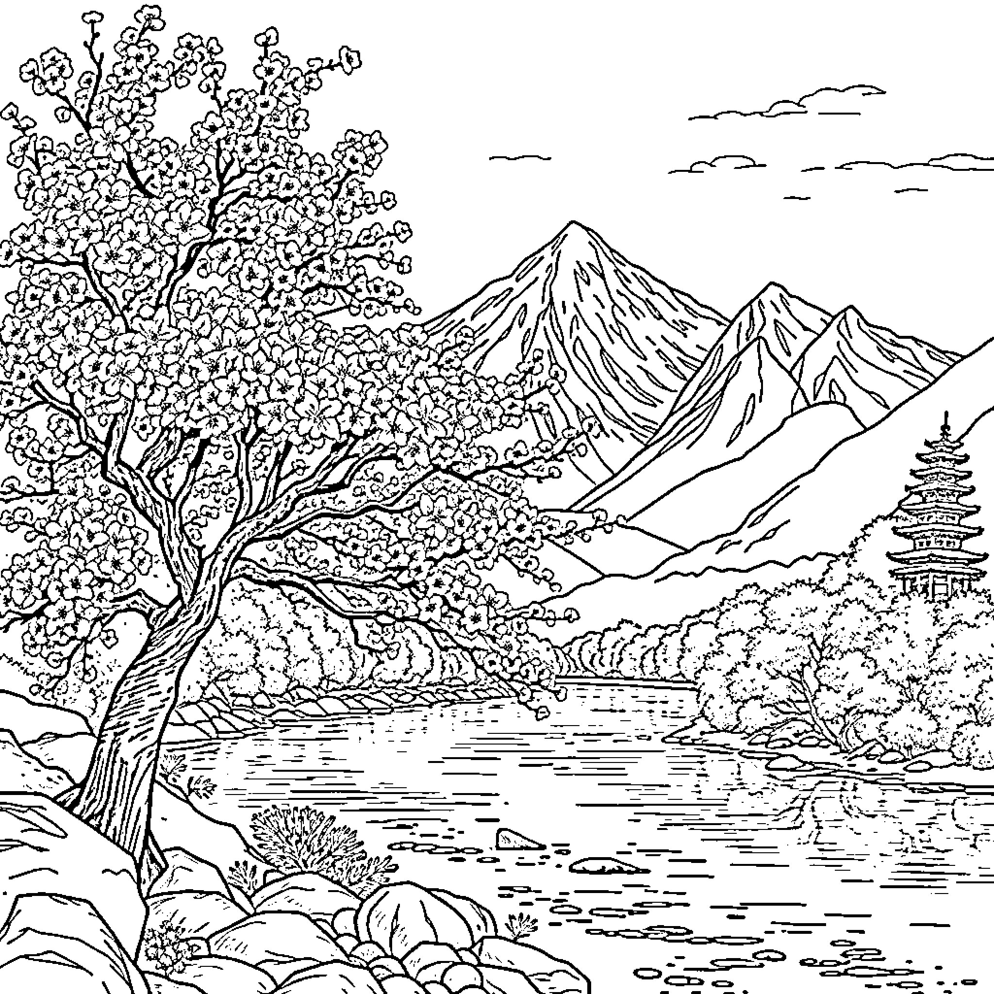 Sakura blooms under the watchful mountains Coloring Page (free black-and-white line drawing printable PDF for all, from beginners to advanced learners, including children, teens, adults, and seniors)