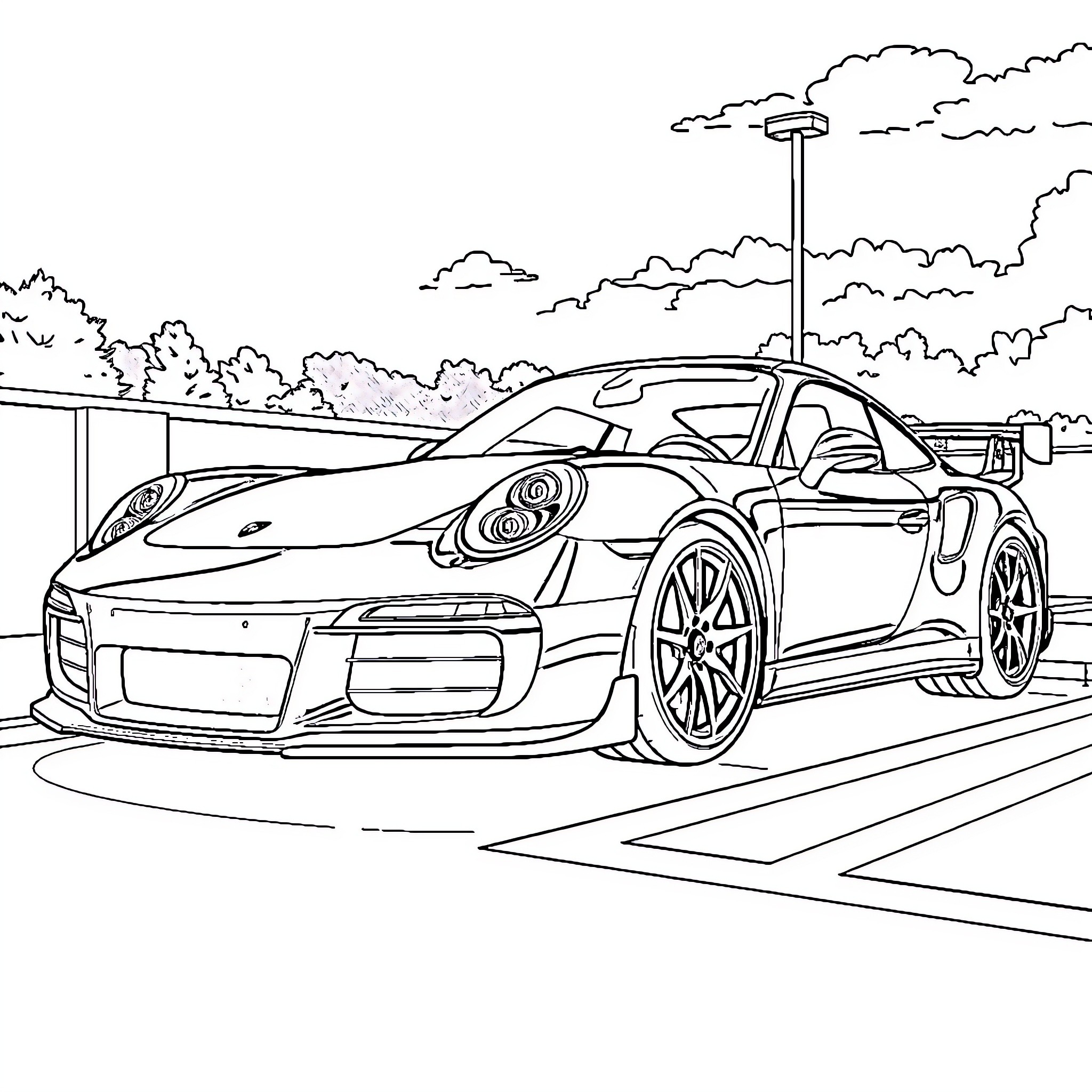 Porsche sports car in urban setting Coloring Page (free black-and-white line drawing printable PDF for all, from beginners to advanced learners, including children, teens, adults, and seniors)