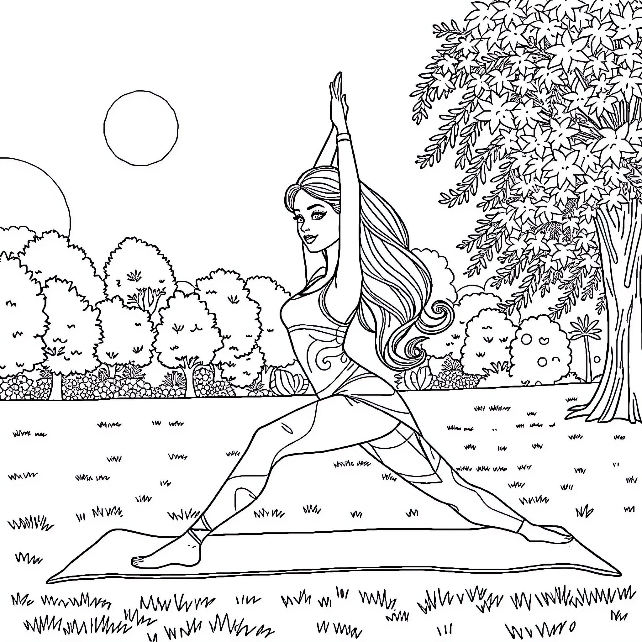 Barbie doing a yoga pose in a nature setting Coloring Page (free black-and-white line drawing printable PDF for all, from beginners to advanced learners, including children, teens, adults, and seniors)