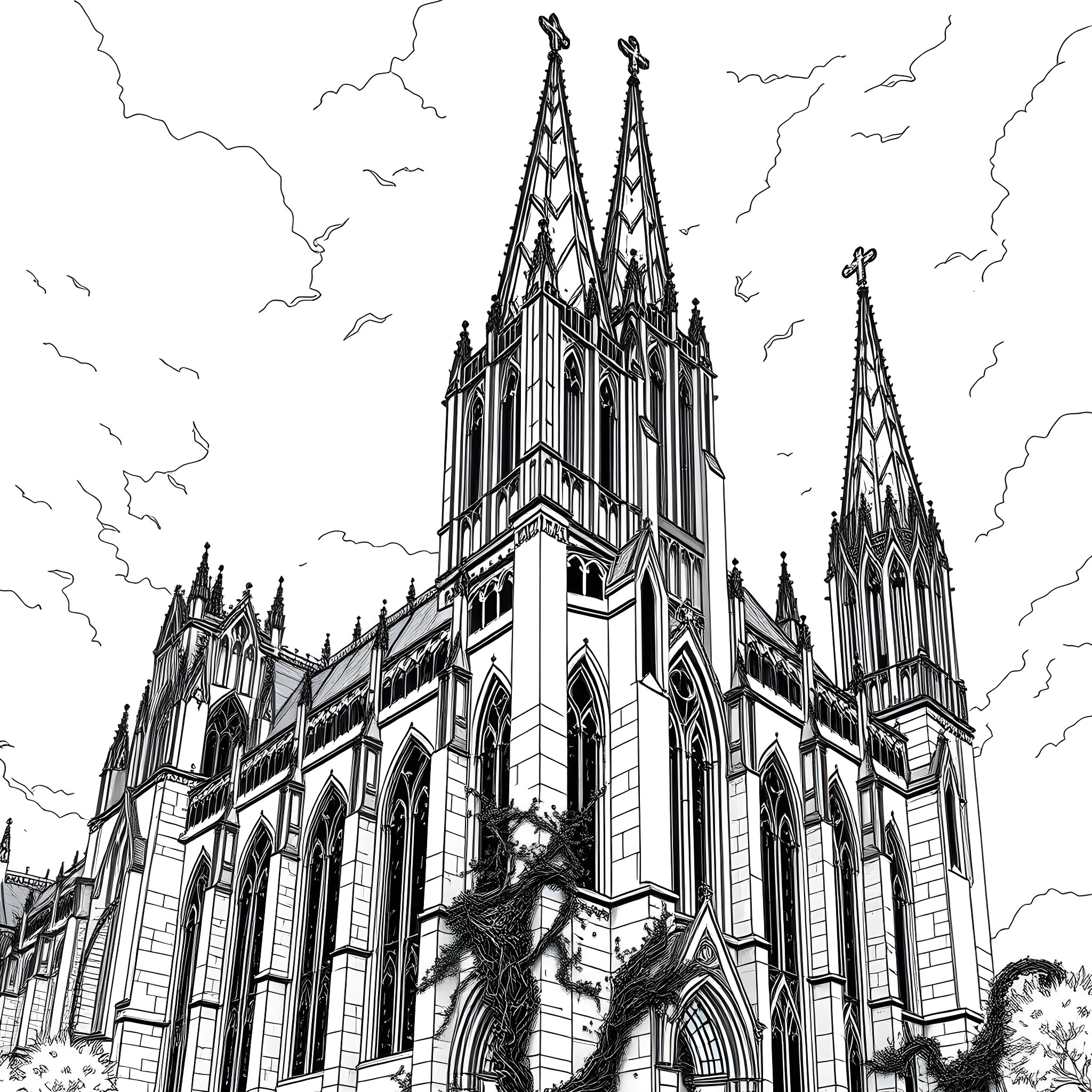 Cathedral of magnificent gothic architecture Coloring Page (free black-and-white line drawing printable PDF for all, from beginners to advanced learners, including children, teens, adults, and seniors)