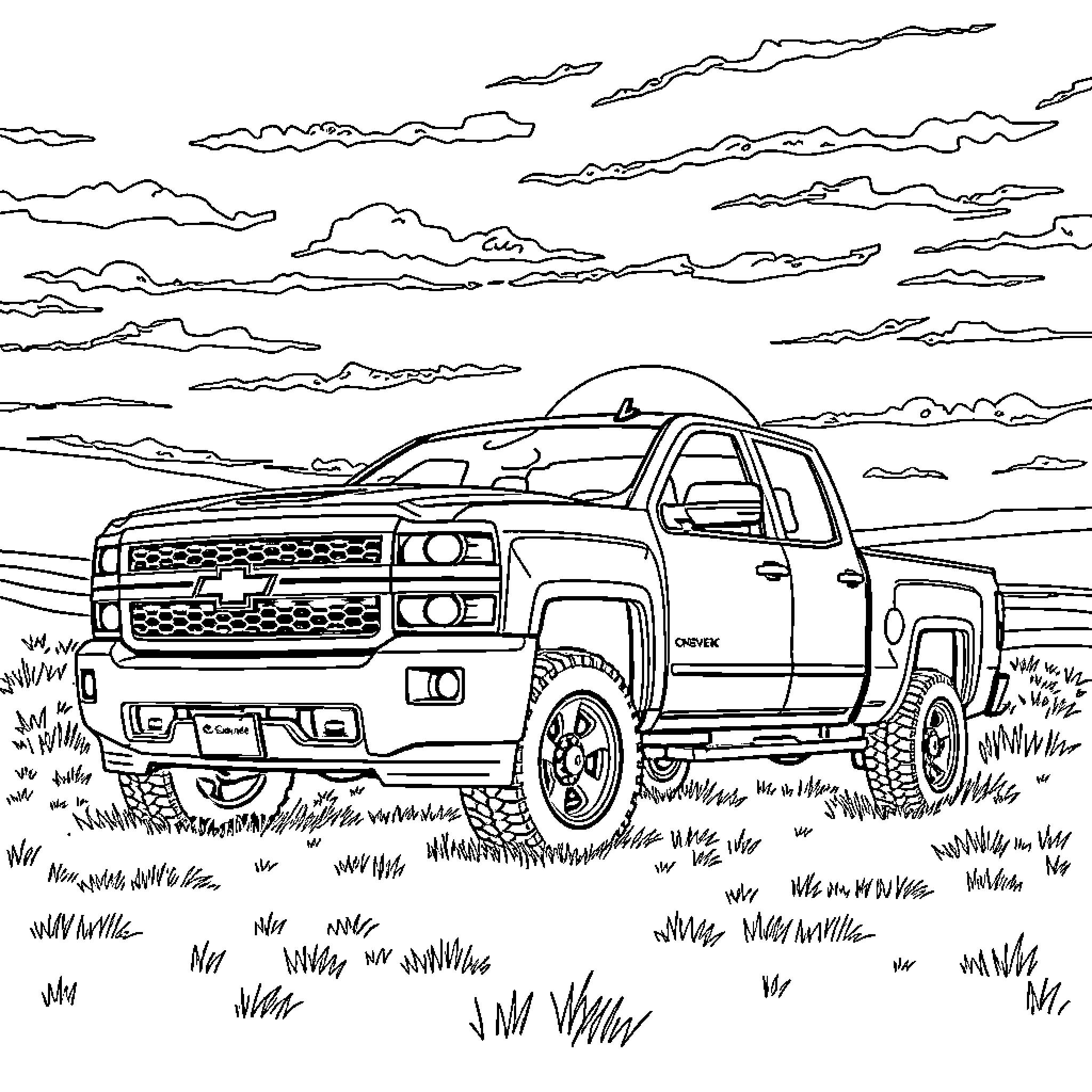 Truck driving through rugged off-road terrain Coloring Page (free black-and-white line drawing printable PDF for all, from beginners to advanced learners, including children, teens, adults, and seniors)