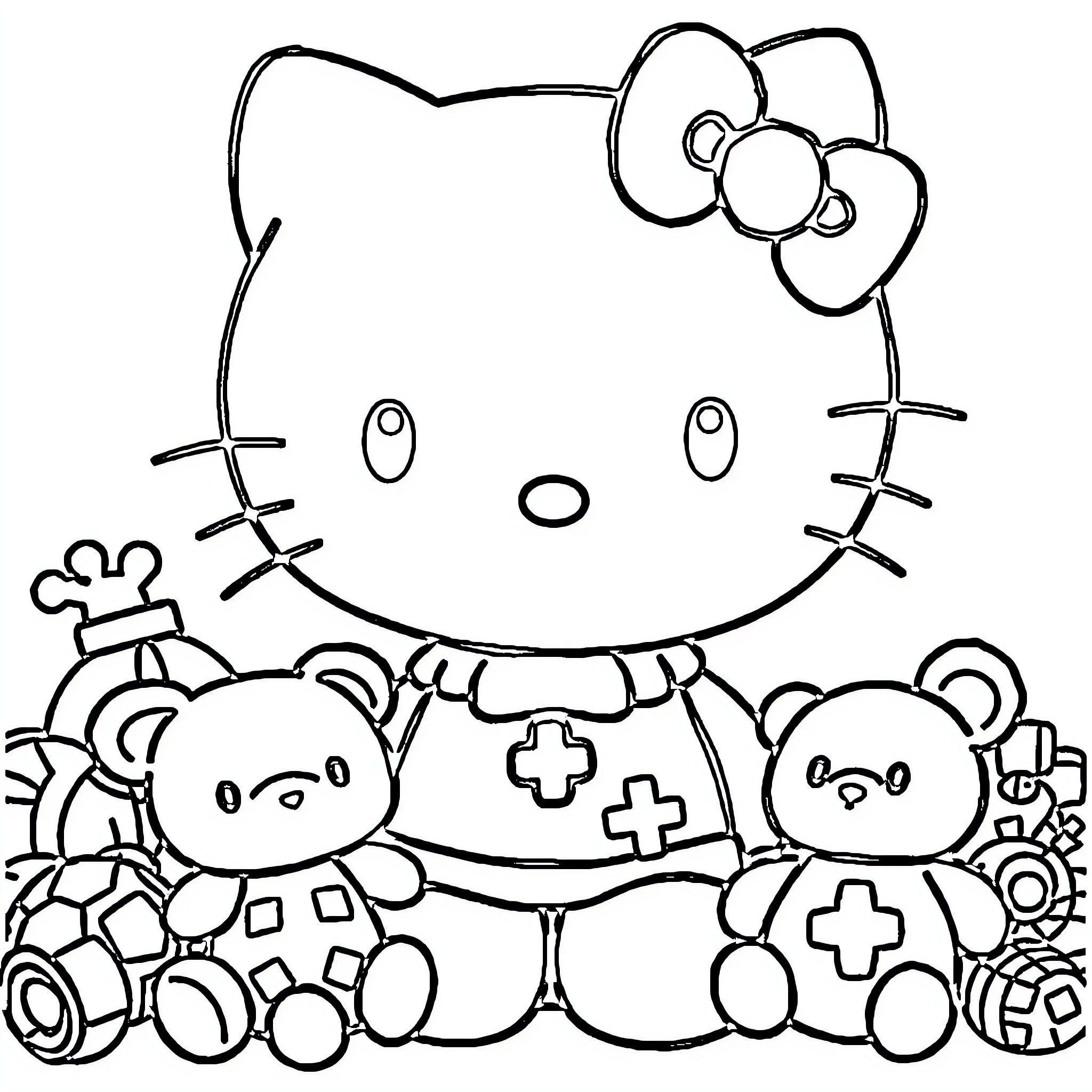 Hello Kitty playing with friends in the hospital Coloring Page (free black-and-white line drawing printable PDF for all, from beginners to advanced learners, including children, teens, adults, and seniors)
